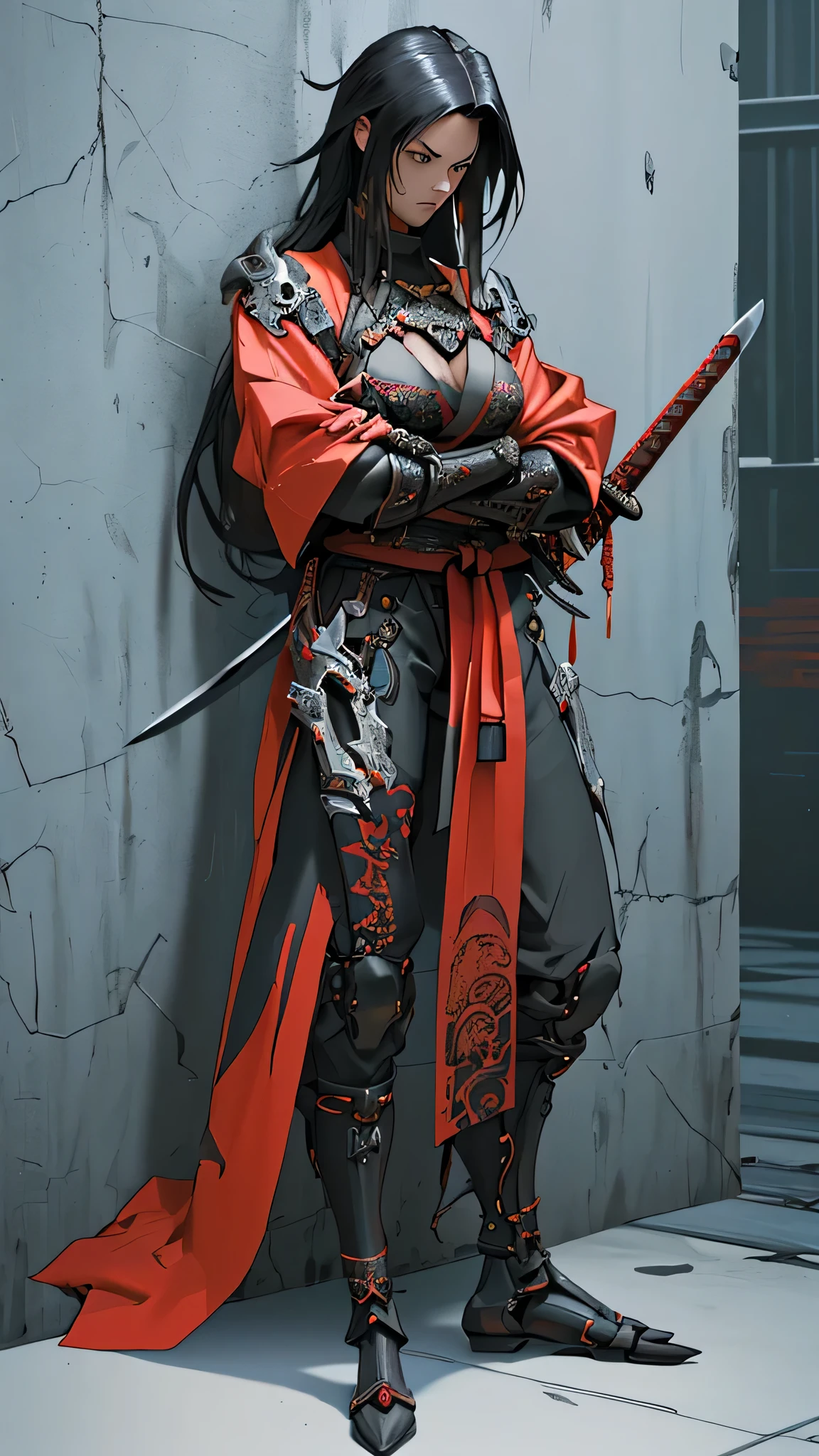 a woman kneeling down with a sword in her hand,very beautiful cyberpunk samurai,she is holding a katana sword,unsheathing her katana,she is holding a sword,ornate korean polearm behind her, realistic anime 3D style, cgsociety 9,2.5D cgi anime fantasy artwork, 3 d anime realistic.pose beautiful.redAssassin.Standing and sitting with his hands on his knees, Carry the sword on your shoulder.(Stand with your arms crossed over your chest, your back against the wall).hair white.
