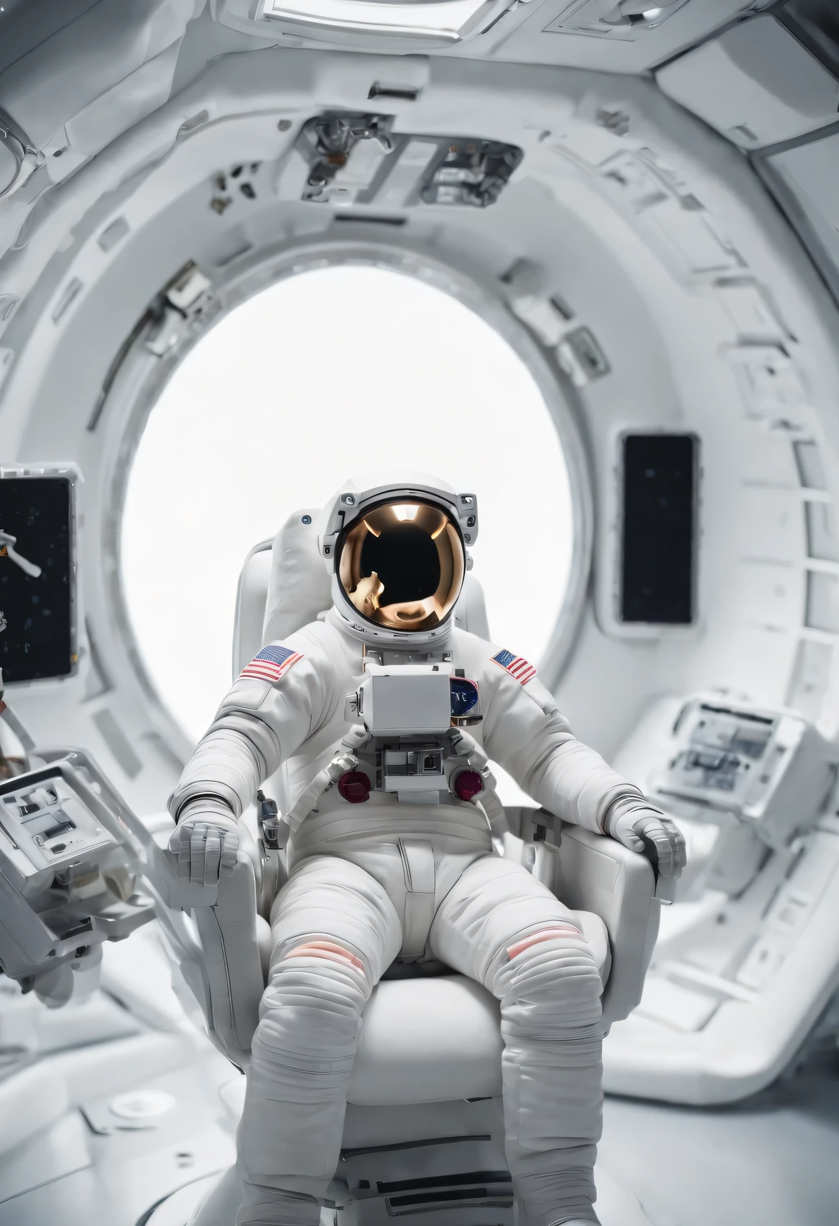 astronaut wearing all white space suit setting in a chair in the middle of a spaceship, wide shot, his full body appears with the chair