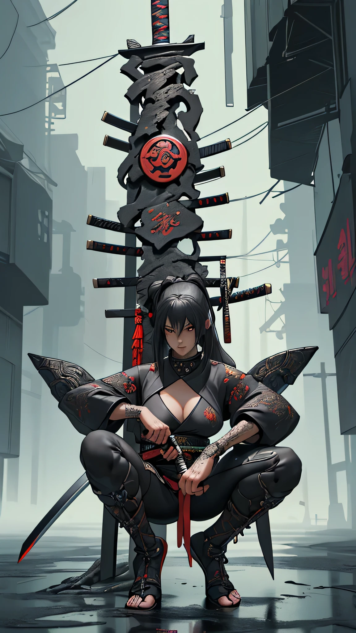 A woman Sitting on one knee with a sword in her hand, very beautiful cyberpunk samurai, she is holding a katana, pulling the katana out of its sheath, she is holding a katana sword, ornate Korean pole behind, realistic 3 d anime style, fantasy anime artwork, cgsociety 9, 2. 5 d cgi anime fantasy artwork, 3 d real anime Te.pose beautiful.pose Assassin.