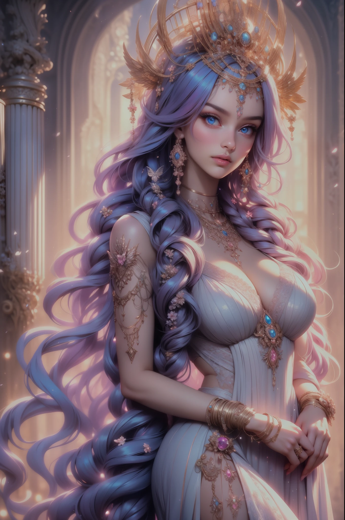 This artwork transports you to a dreamy realm of mythic fantasy, with soft watercolor hues meticulously blended in varying shades of pink, blue, and purple. A regal figure emerges, reminiscent of Greek mythology, her form graced with realistic skin and hair texture that exudes an ethereal allure. Her strong, proud face bears realistically shaded eyes, deep-set and full of character, framed by puffy, perfectly defined lips that curl into a gentle smile. Her voluminous, realistic hair cascades down her back, each strand delicately dancing in the gentle breeze, intertwined with ornate flowers and winged butterflies that fl