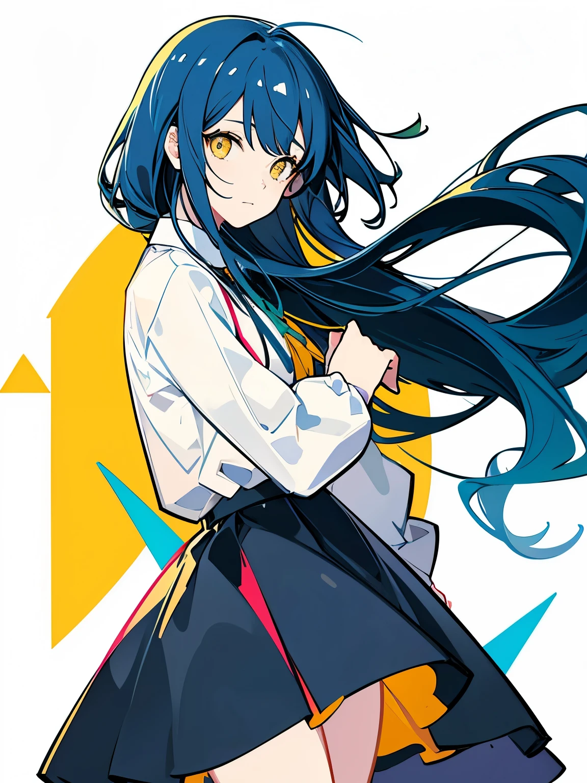 masterpiece, best quality, solo, female, long hair, blue hair, yellow eyes, skirt, long sleeve shirt