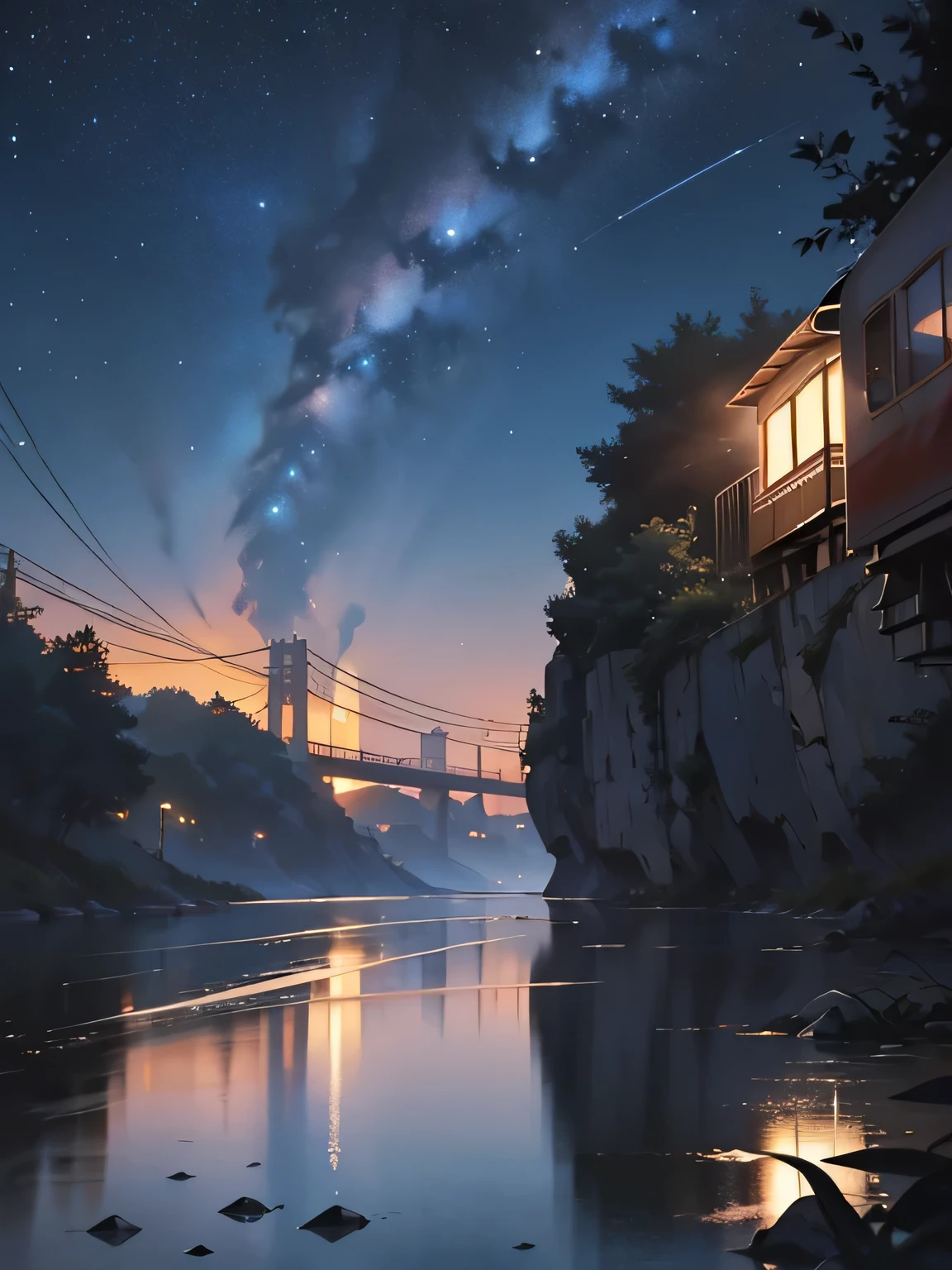 tmasterpiece, Cartoon train passing through body of water on rails, Bright starry sky. Romantic train, Xin Haicheng pictures, pixiv, concept-art, Lopfe art style, reflector. author：Xinhai sincerely, lofi art, beautiful anime scenes, Anime landscapes, Detailed view – width 672, Makoto Shinkai's style, Makoto Shinkai's style, Enhance details.