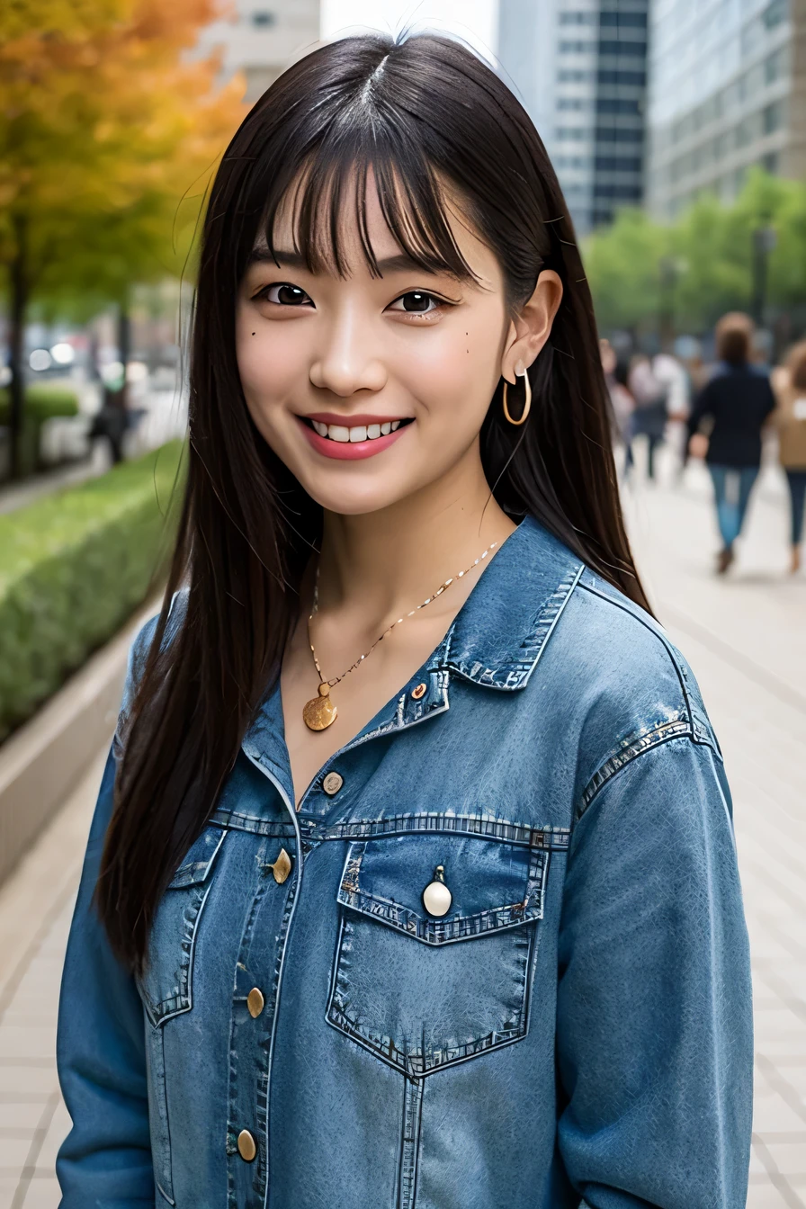 highest quality, realistic, 8K, High resolution;, 1girl, girl, sit on a bench(urban landscape background:1.6)), skinny denim、 long sleeve blouse、), head is looking straight at the viewer:1.8, (目ほどの長さの髪で観客を見つめるgirl, black hair、 parted bangs:1.65), realistic, smile、beautiful white teeth, rich,full body photo、gravure, sneakers、necklace around neck、ear piercing