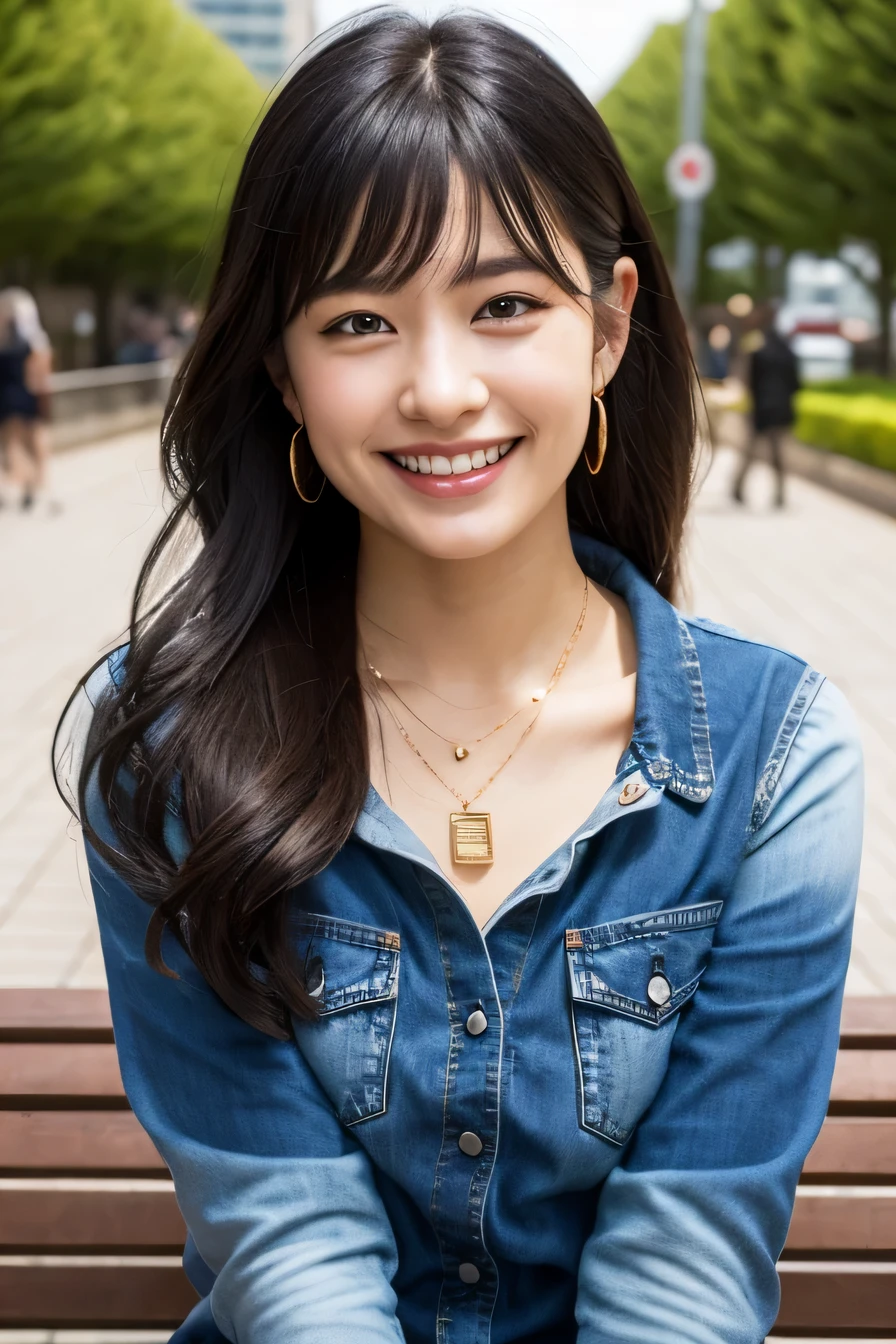 highest quality, realistic, 8K, High resolution;, 1girl, girl, sit on a bench(urban landscape background:1.6)), skinny denim、 long sleeve blouse、), head is looking straight at the viewer:1.8, (目ほどの長さの髪で観客を見つめるgirl, black hair、 parted bangs:1.65), realistic, smile、beautiful white teeth, rich,full body photo、gravure, sneakers、necklace around neck、ear piercing