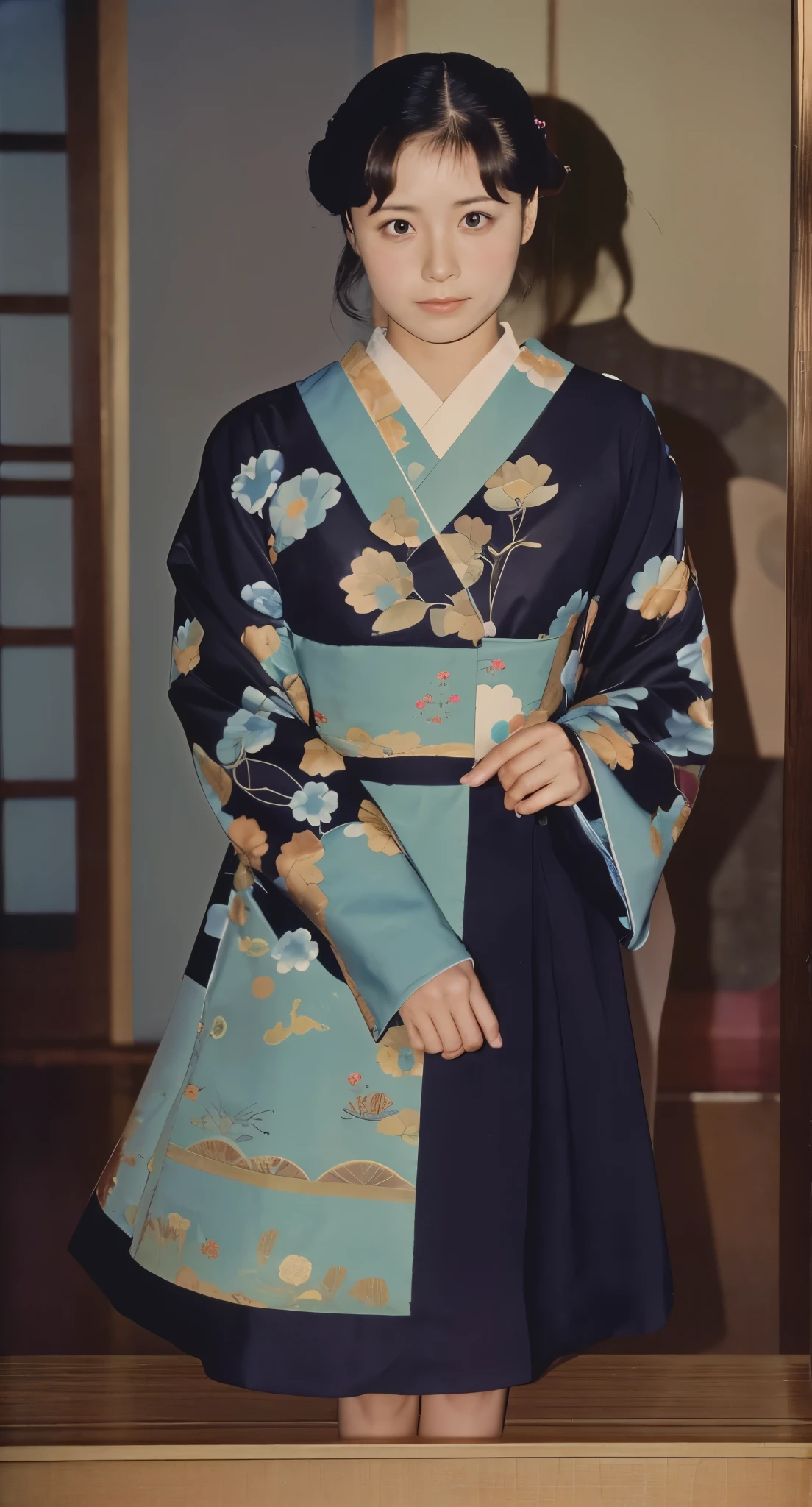 Adult japanese female wearing long-sleeved shirt. She is extremely tiny stature. Her looks like association ball. 1964. Japan, Kashihara. color slide film.