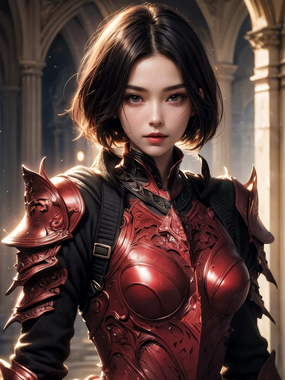 (((Best Quality))), ((Ultra-detailed)), (extremely detailed photo), ((extremely delicate and beautiful)),(Cute delicate face), ((masterpiece)), perfect anatomy, intricate, (highly detailed), masterpiece, photorealistic, (A tall and 36 years old cool girl),(vermilion and black armor:1.3), ((Castle town)) ,(upper body),(holding glowing sword),alone,(black hair and short hair), looking at viewer, double eyelid,delicate skin,slender body shape,