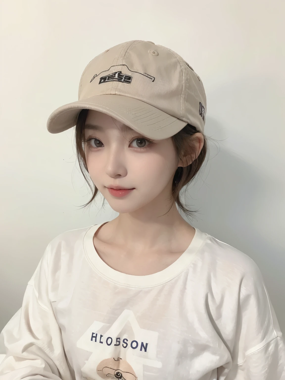 Best image quality、original photo、ultra high resolution、21 years old Korean、small breasts、dynamic angle、Cowboy shooting、The most beautiful form of chaos、elegant、Innovative design、bright colors、,light brown short hair、disheveled hair、light brown eyes 、black baseball cap(表情Smile)、short bob、Smile、Fair and shiny skin、beautiful eyes,random colors、The details are very beautiful、thin lips、细致beautiful eyes、elongated eyes、pale pink cheeks、long eyelashes、beautiful double eyelids、eye shadow、he、White big T-shirt sweatshirt、baggy pants、Shot from the side、sexy pose、enlarge