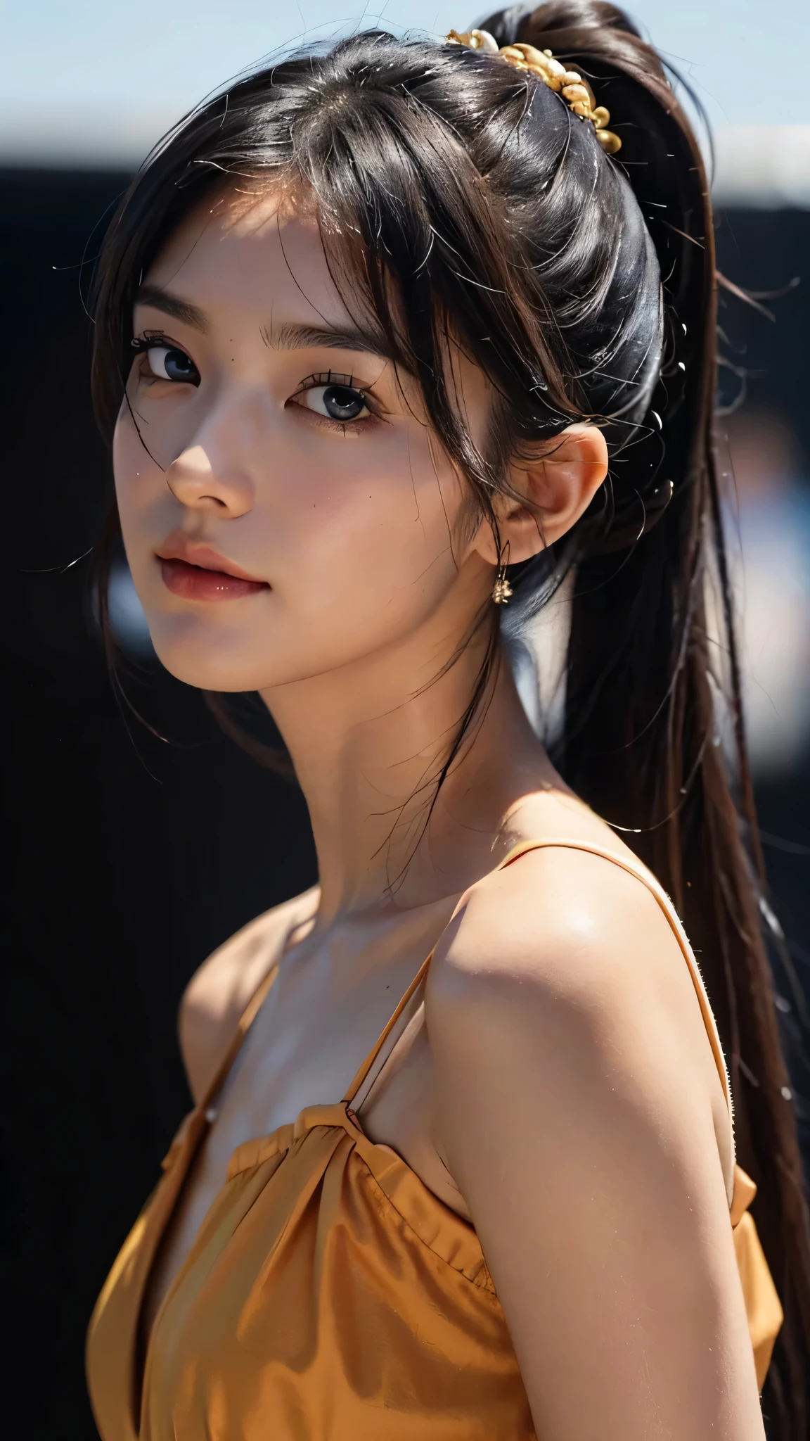One woman,fully body photo,masutepiece, The highest image quality, High quality, the background is clear，Beautiful woman, Japanese, Detailed, Detailed eyes, Detailed skin, Beautiful skin, 超hight resolution, (reality: 1.4),Very beautiful woman, Slightly younger face, Beautiful skin, slender, (Ultra photo realsisim), (hight resolution), (8K), (Very detailed) (beautifully detailed eyes), (super detailed),   (Detailed face), view the viewer, Fine details, Detailed face, Staring straight ahead, Staring straight ahead, photos realistic, Bright lighting, Professional Lighting, Black hair,poneyTail,a baby face,sixteen years old,Hairstyle is ponytail,long ponytail hairstyle,smile,Orange colored long dress with lots of ruffles, softly shaped skirt,the street europian,standing on stage,have a microphone,close up of face