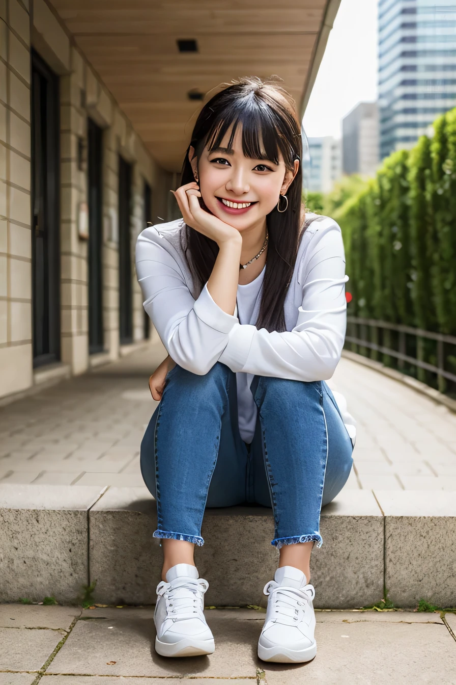 highest quality, realistic, 8K, High resolution;, 1girl, girl, sit on a bench(urban landscape background:1.6)), skinny denim、 long sleeve blouse、), head is looking straight at the viewer:1.8, (目ほどの長さの髪で観客を見つめるgirl, black hair、 parted bangs:1.65), realistic, smile、beautiful white teeth, rich,full body photo、gravure, sneakers、necklace around neck、ear piercing