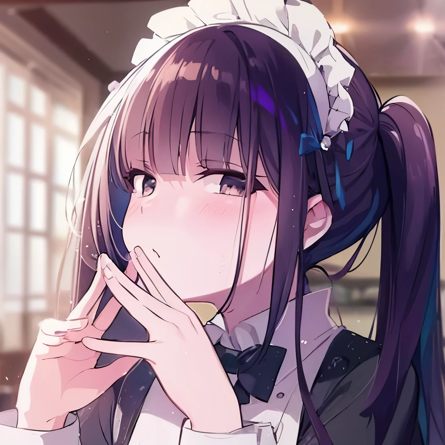 high quality, masterpiece. girl. maid clothes. brown eyes. calm face. grey eyes. against the backdrop of the living room.