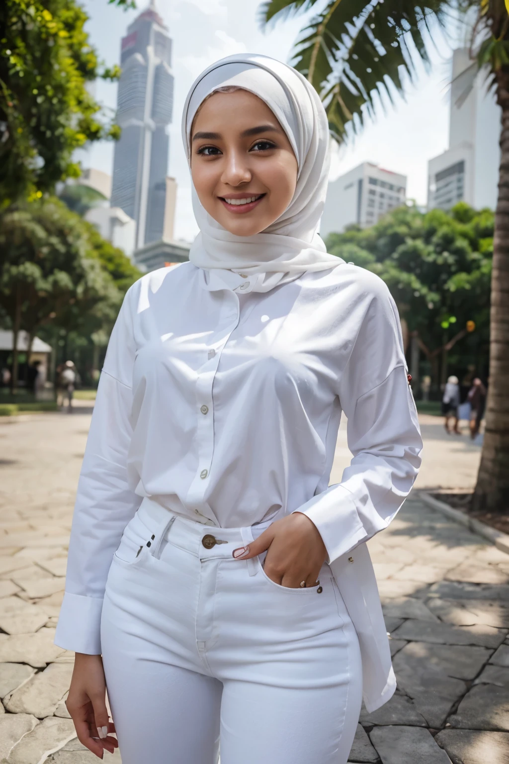 extremely high quality, realismo, young girl wearing hijab modern sfashion hijabstar full white shirt and jeans with smiling emoji on her shirt. At a park in Kuala Lumpur Hyper-detailed photorealistic 8k raw photo blur background detailed hands