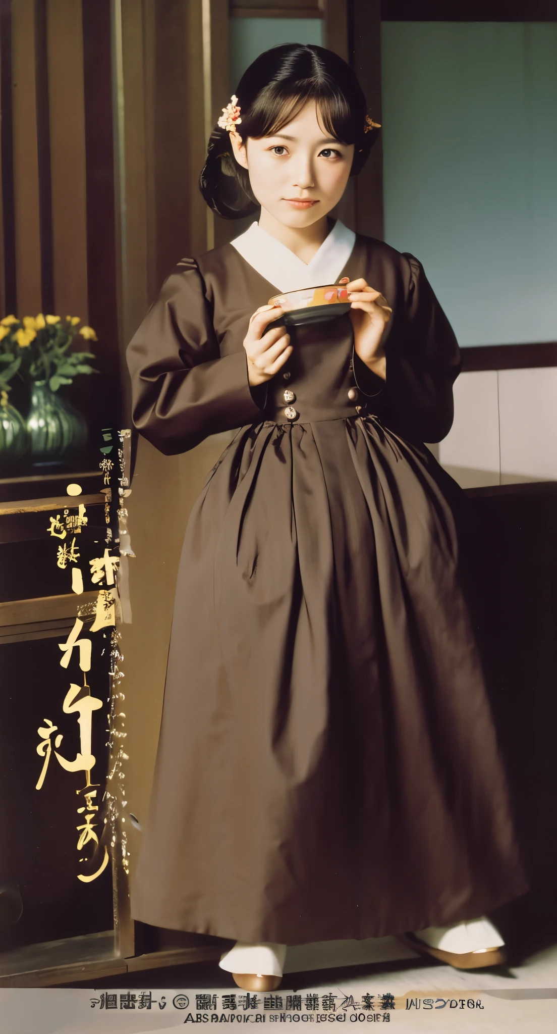Adult japanese female wearing long-sleeved shirt. She is extremely tiny stature. Her looks like association ball. 1964. Japan, Kashihara. color slide film.