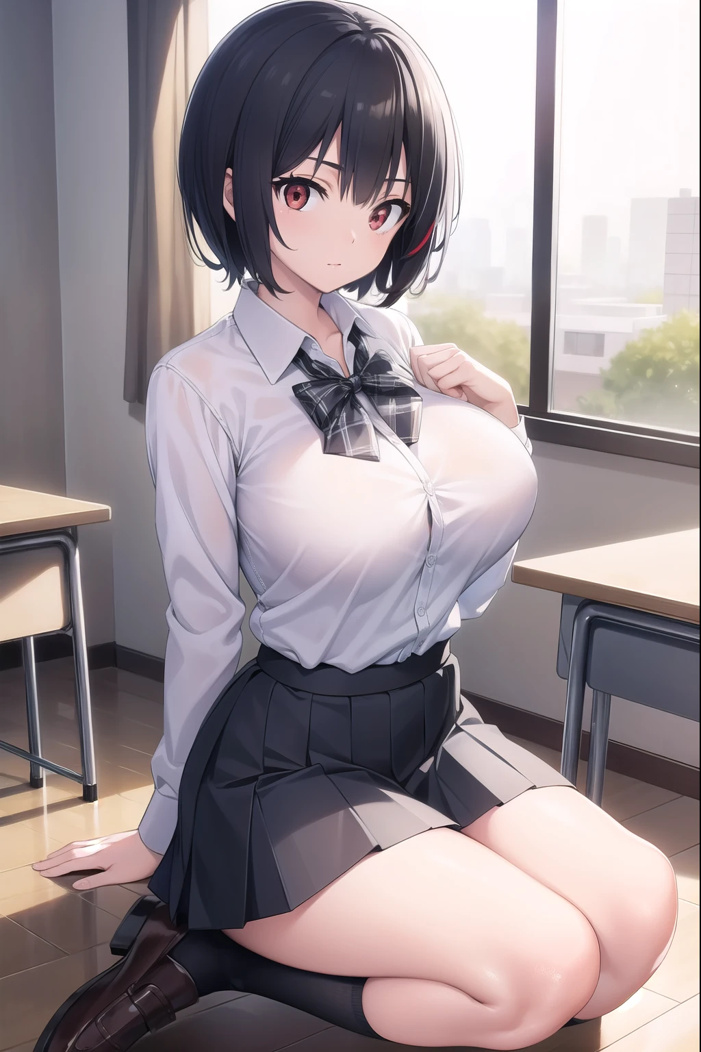aimizuno, ai mizuno, black hair, hair between eyes, (red eyes:1.5), short hair,
BREAK black legwear, black skirt, brown footwear, collared shirt, loafers, long sleeves, miniskirt, plaid, plaid neckwear, plaid skirt, pleated skirt, , shirt, shoes, skirt, sweater, white shirt, wing collar, yellow flower, yellow sweater
BREAK looking at viewer, full body,
BREAK indoors, classroom,
BREAK (masterpiece:1.2), best quality, high resolution, unity 8k wallpaper, (illustration:0.8), (beautiful detailed eyes:1.6), extremely detailed face, perfect lighting, extremely detailed CG, (perfect hands, perfect anatomy), (big breasts:1.6), (slim:0.8)