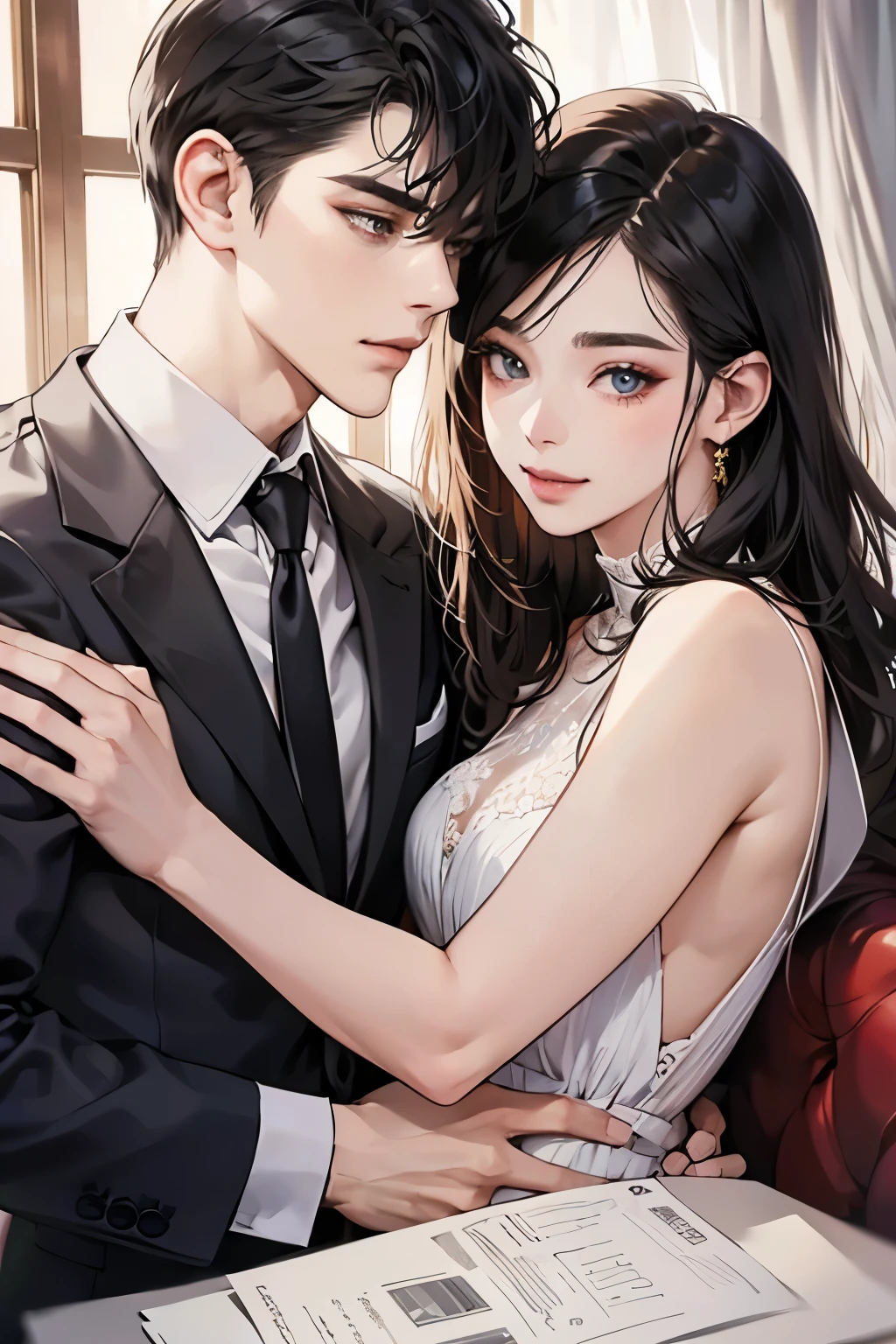 (table top, digital art, digital illustration, 4k, 8K, Super detailed, beautiful images, clear image, realistic, Raw photo, perfect face, perfect lines, perfect eyes, soft lighting) 1 female, (long black hair,One Len、straight hair、bullish look,Beautiful woman,suit,solid makeup,small breasts、23 year old female,:1.3),secretary, suitを着たハンサムな男性 2 人, (human,suitを着た男,muscular,solid shoulder width, human,boyish hairstyle,british gentleman's style,A man in his 30s with a cool expression,28 year old man with a bright smile:1.2),Light-filled living room、couple、coupleキス、romance、romanceポルノ、look at each other、hug each other