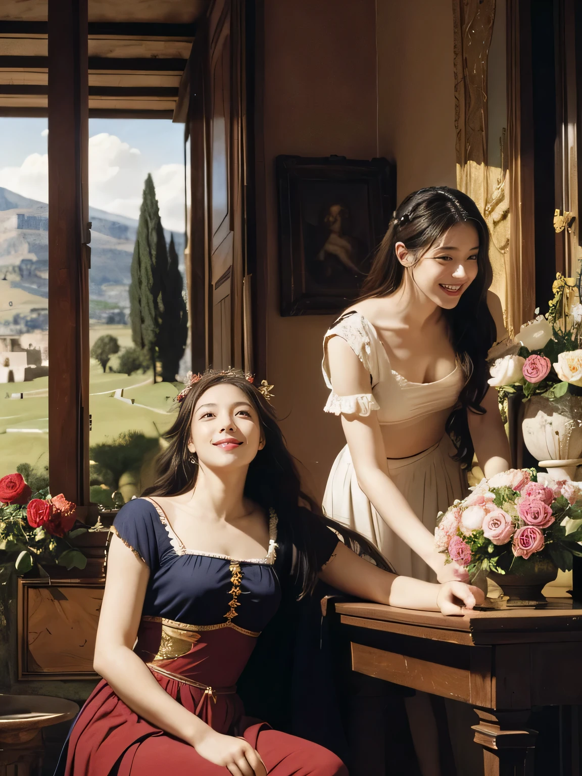 Giorgione painting style,Arguments of two female Philosophe,math、astronomical machine、astronaut、roses in vase、fruits、Cute trinkets、smile、ancient greek costume、Ancient Roman landscape in the style of Nicolas Poussin,laughter,,Sweet and seductive appearance.、Caravaggio's paintings、Chiaroscuro of Caravaggio、hair tousled by the wind,Two women frolicking,cute smile, expression of ecstasy,Sexy,erotic