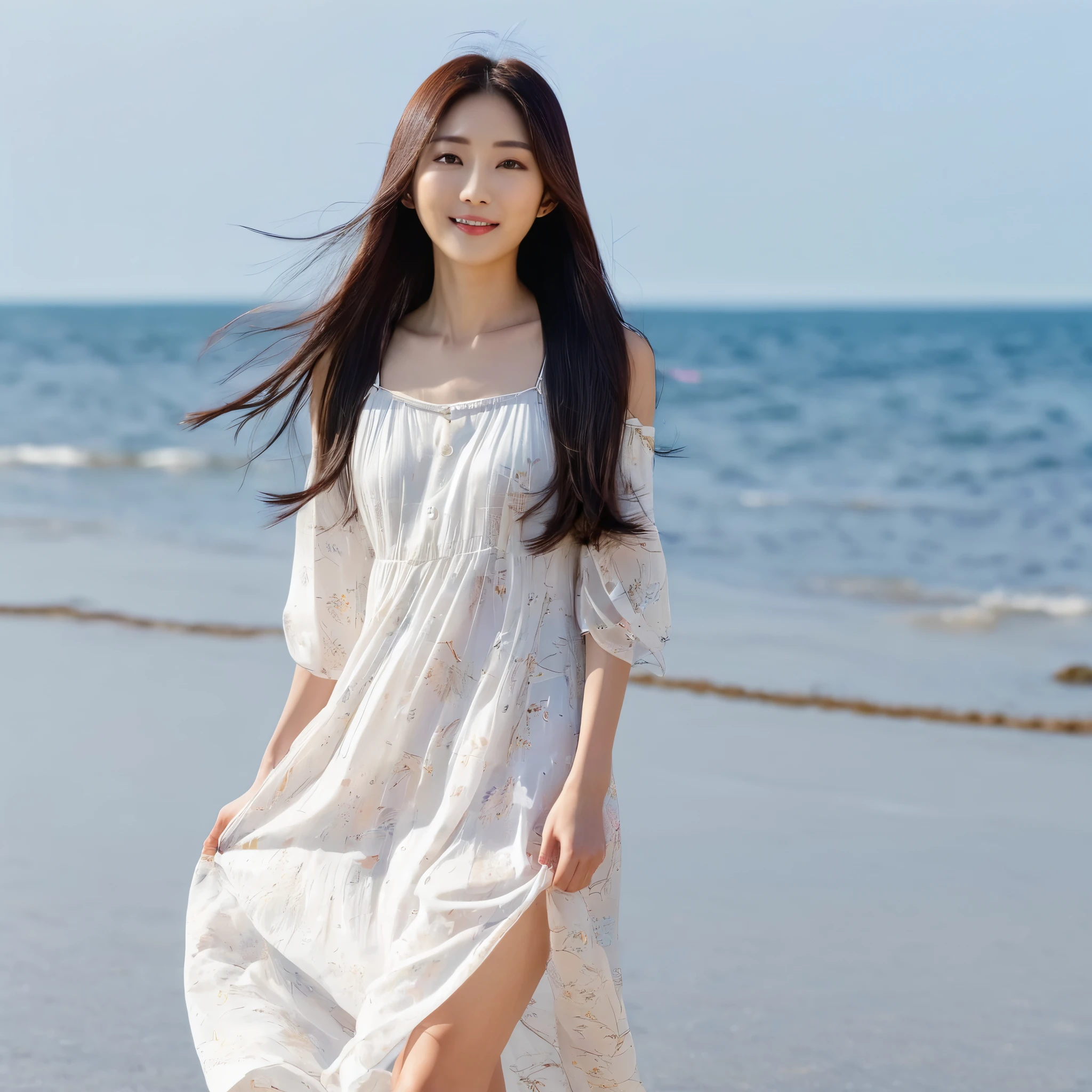 japanese woman、20th generation、straight dark brown long hair、slender body shape、Wearing a light summer dress、Pose of walking on the beach