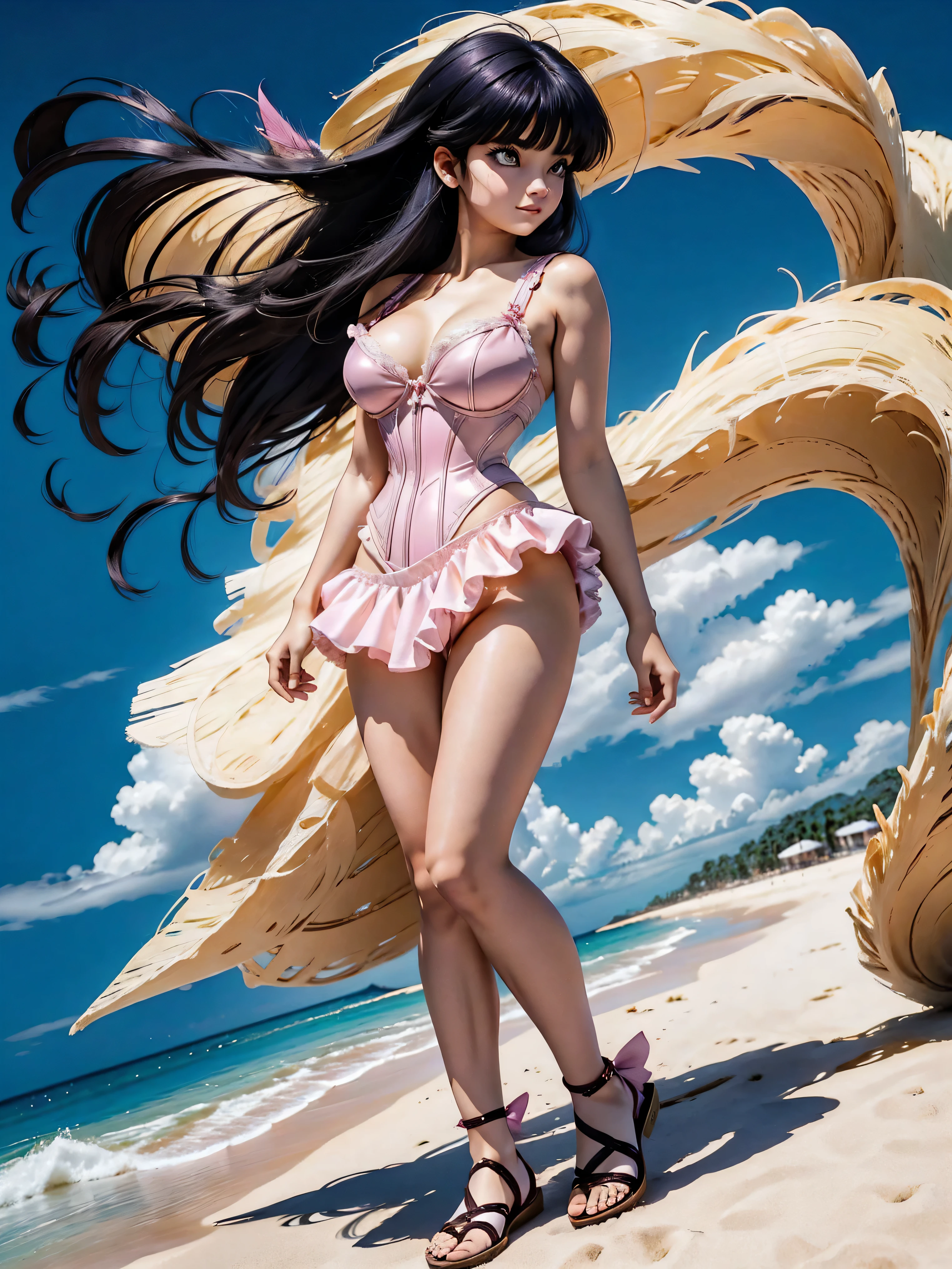 Dark-haired anime girl in pink swimsuit, espartilho e saia transparente, , corpo bonito, seios grandes, com hand in panties , hand in hair, Garota sensual, purple cabelo, mechas de cabelo laterais, mechas de cabelo na lateral do rosto, beautiful lighting, sombras suaves, olhos azuis, pernas bonitas, cabelo curto, estilo anime, personagem Akane Tendo, Autora Rumiko Takahashi, Baseado em obra de Rumiko Takahashi, Anime Ranma 1/ 2, decote sensual, quadril robusto, corpo inteiro, corpo inteiro, busto grande, garota jovem com corpo belo e bonito, sandals on his feet, garota 16 anos usando maiô e corset pink, garota anime, estilo anime, beautiful feet in sandals, 45° viewing angle, ao ar livre, peito grande, seios bonitos, cabelo preto, sandals on the feet, pernas bonitas, sensual, belas pernas, Sandalias, seios grandes, corpo completo, corpo inteiro, feet with sandals, anime realista, saia, sarja roxa, personagem realista sensual, postura reta, ao ar livre, calcinha pink, hand in panties, hand in panties, seios grandes, sorrindo, saia transparente brilhante, peituda