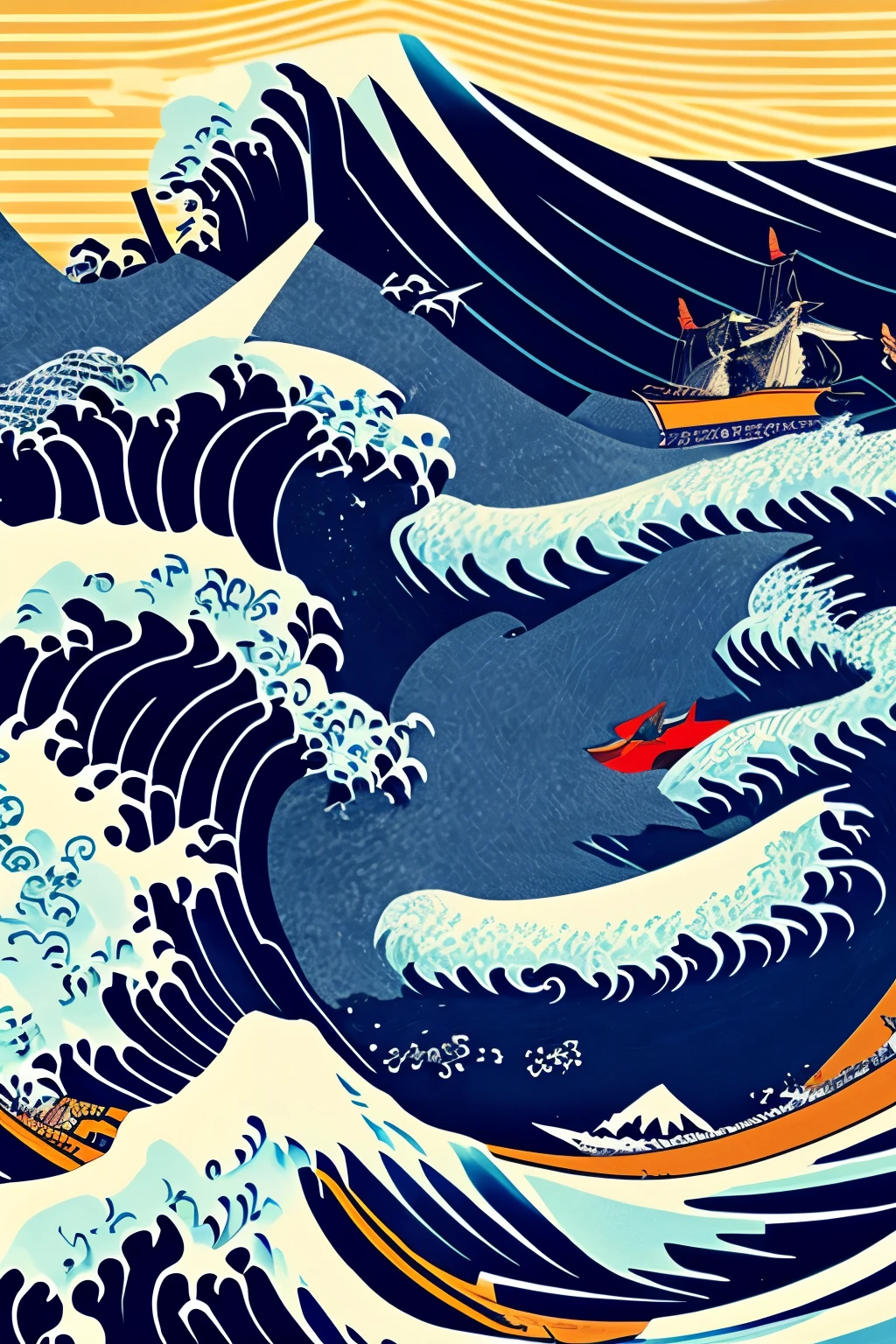 Katsushika Hokusai-style images, best quality, 8k, People dancing, background rough sea and splashes