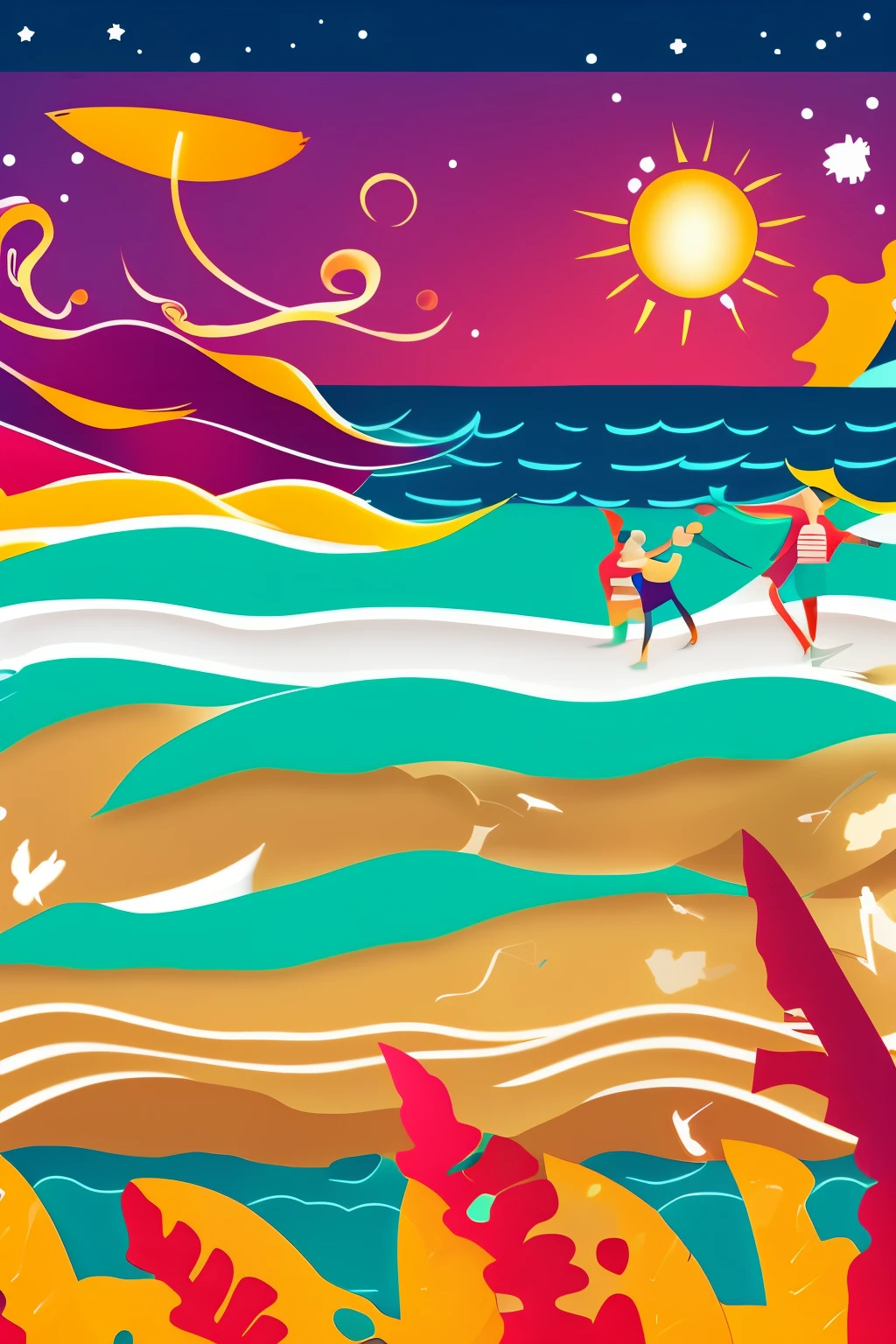 Shadow play, best quality, 8k, People dancing, background rough sea and splashes