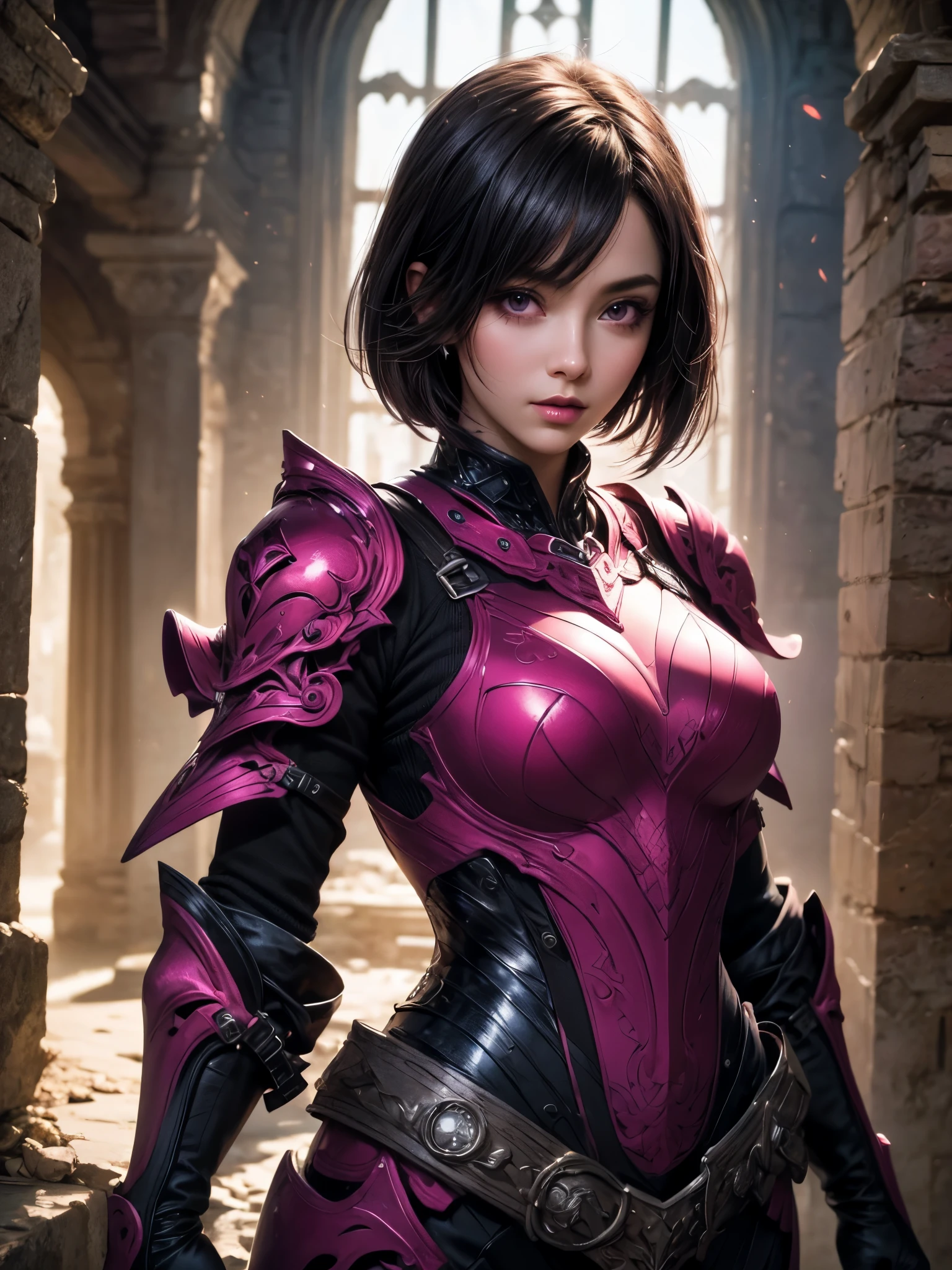 (((Best Quality))), ((Ultra-detailed)), (extremely detailed photo), ((extremely delicate and beautiful)),(Cute delicate face), ((masterpiece)), perfect anatomy, intricate, (highly detailed), masterpiece, photorealistic, (A tall and 36 years old cool girl),(magenta and black armor:1.3), ((Castle ruins)) ,(upper body),(holding glowing sword),alone,(black hair and short hair), looking at viewer, double eyelid,delicate skin,slender body shape,dynamic pose