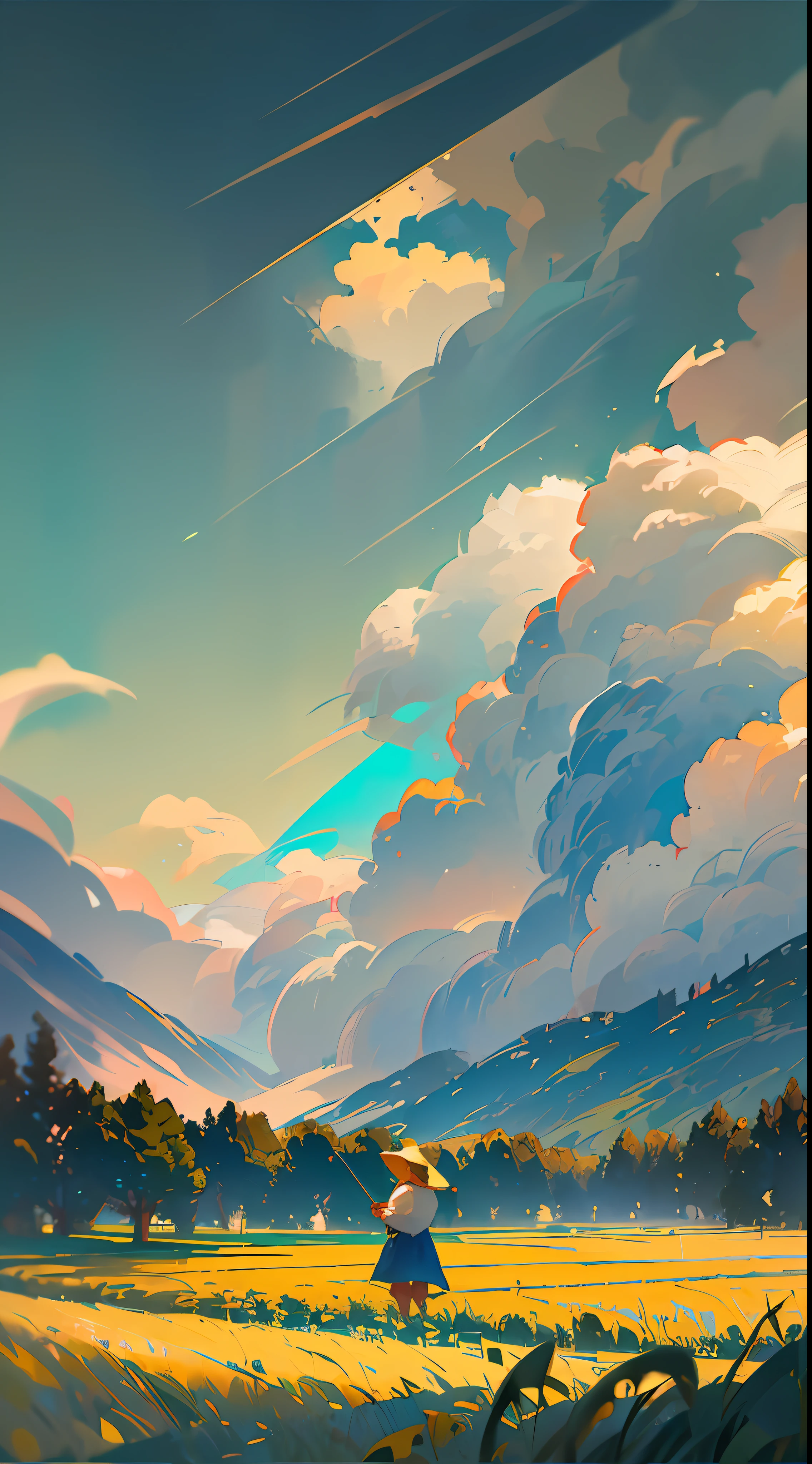 A farmer uncle wearing a straw hat stands in a wheat field, Dayun, blue sky, paddy, Neat rice seedlings in the field, forest, hillside, secluded, rural area, HD details, Ultra-detailed, cinematic, Surrealism, soft light, Deep field focus bokeh, ray tracing and Surrealism. --v6
