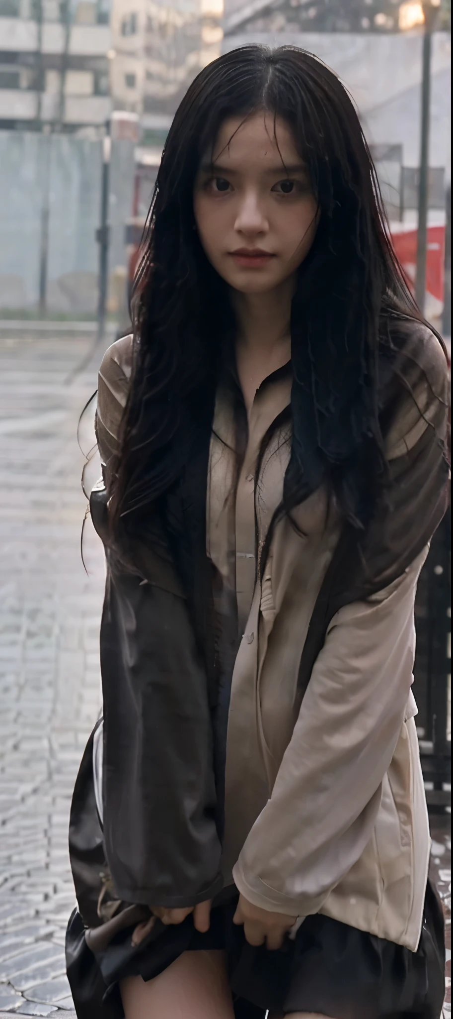 1girl, long black hair, uniform, shy, blush, wet, rain, transparent, (masterpiece, best quality), soft light, cinematic composition, cinematic light