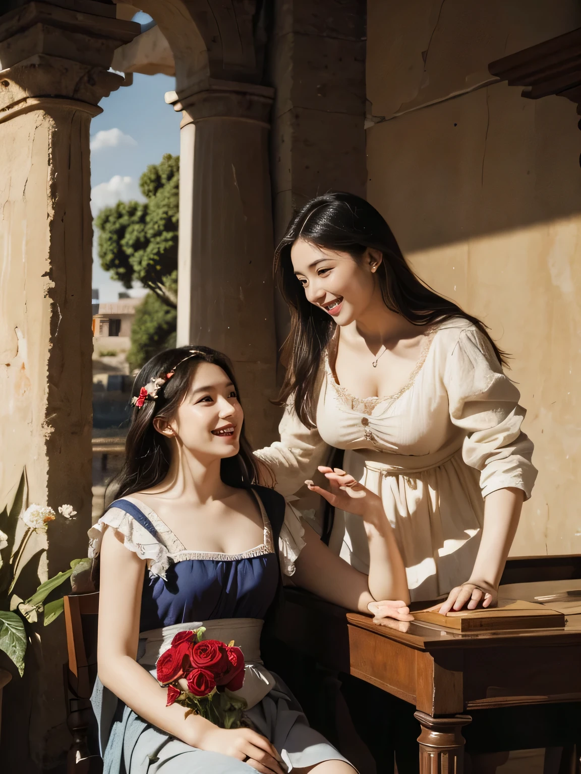 Giorgione's painting style,Discussion between two female philosophers,math、astronomical machine、astronaut、roses in vase、fruit、Cute trinkets、smile、ancient greek costume、Ancient Roman landscape in the style of Nicolas Poussin,laughter,,sweet and seductive appearance.、caravaggio painting、Caravaggio's chiaroscuro、My hair was messed up by the wind,two women having fun,cute smile, expression of ecstasy,sexy,erotic