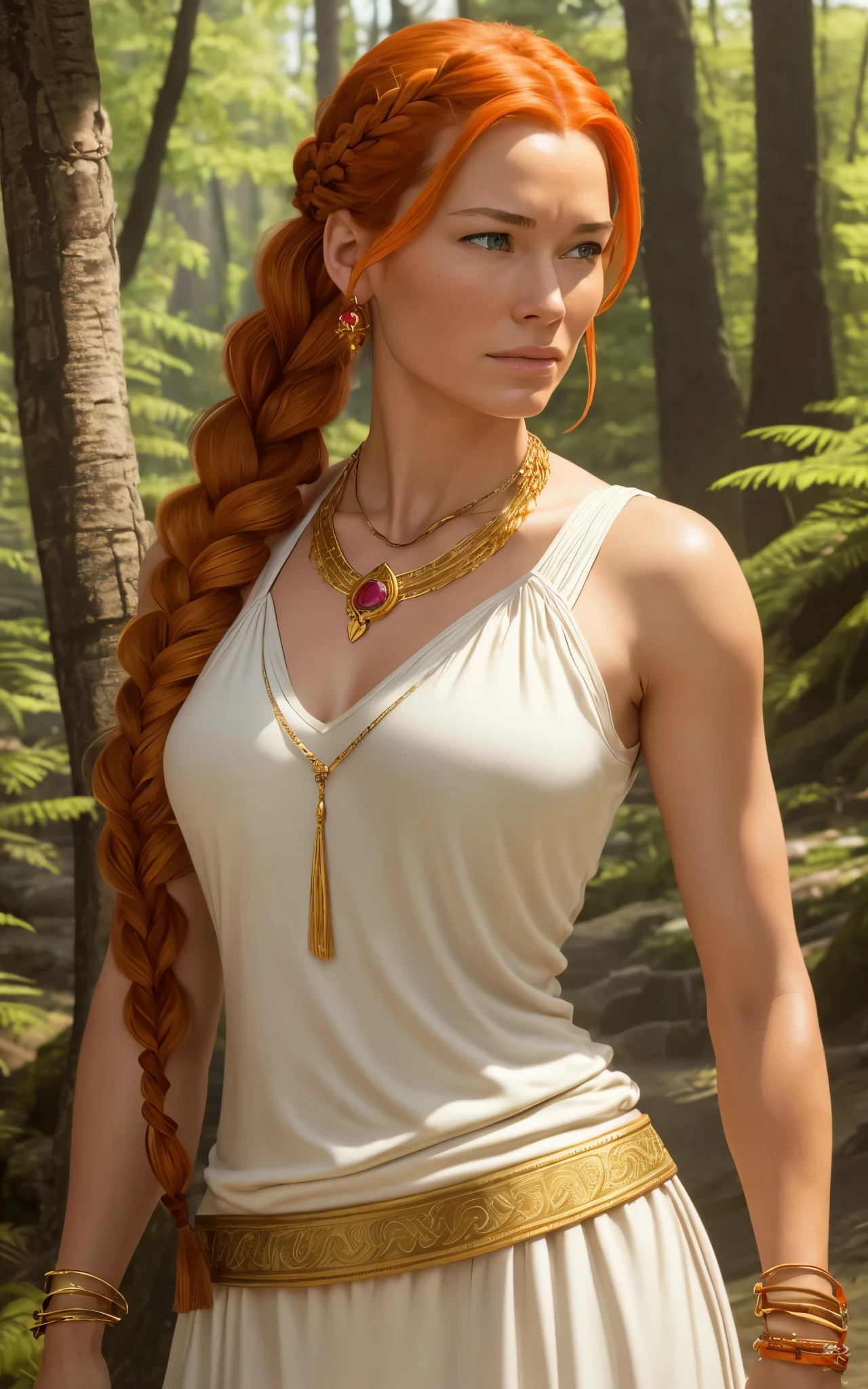 Flamme, (young Lena Headey:Evangeline Lilly), A 35-year-old woman with orange hair, green eyes, sideburns, one large braid, a gold necklace with a ruby pendant, dressed in a white Greek tunic and Roman sandals, with gold bracelets on her arms, forest in the background, masterpiece, hyperdetailed,((1girl)) ,bangs,braided ponytail,single braid,orange hair,very long hair,sidelocks,red earrings,hair over one eye,