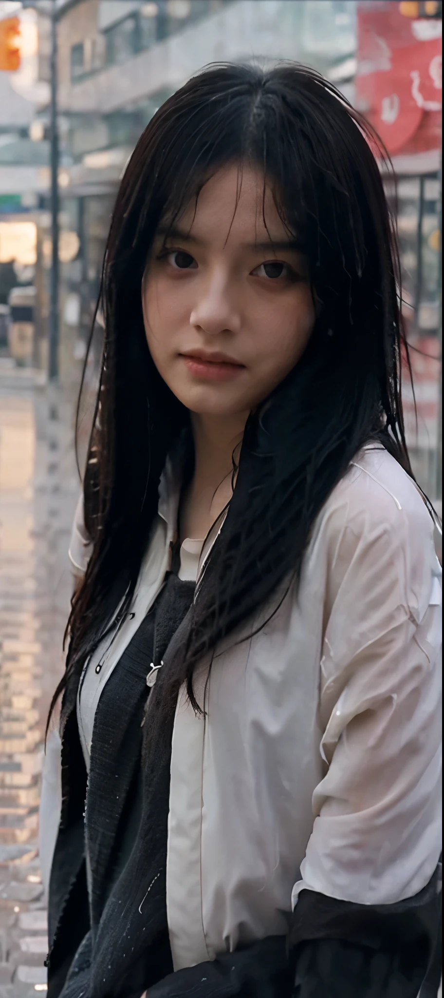 1girl, long black hair, uniform, shy, blush, wet, rain, transparent, (masterpiece, best quality), soft light, cinematic composition, cinematic light