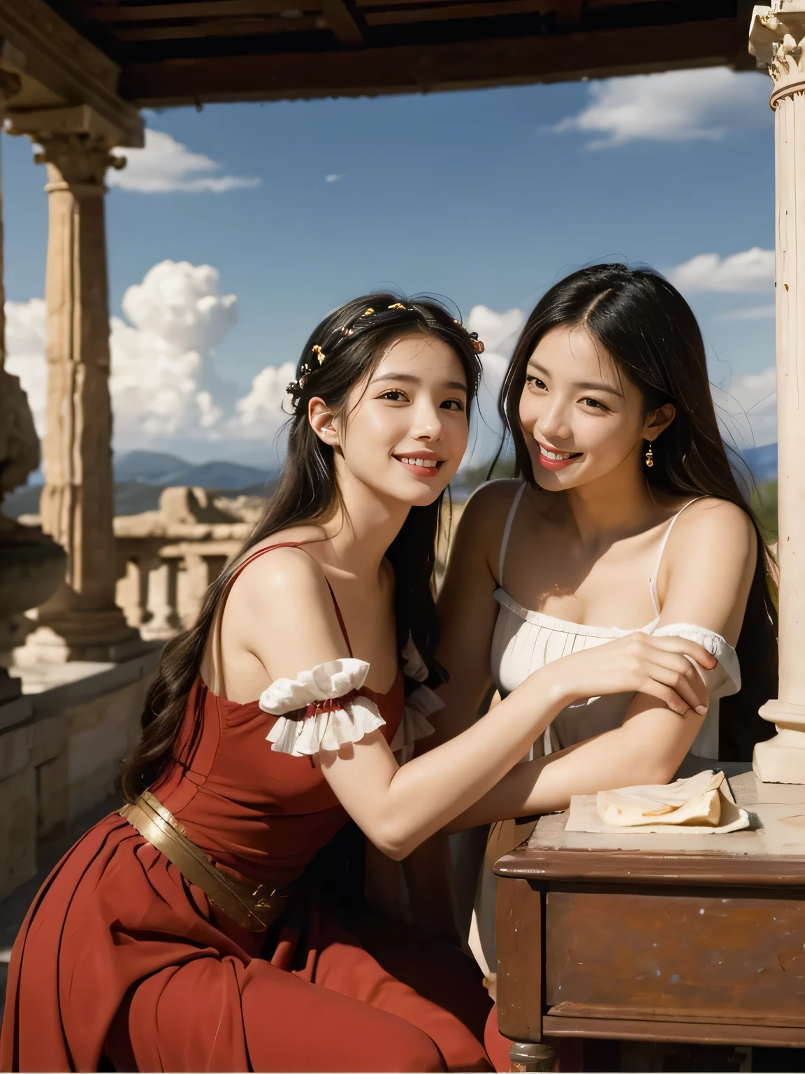 Giorgione's painting style,Discussion between two female philosophers,math、astronomical machine、astronaut、roses in vase、fruit、Cute trinkets、smile、ancient greek costume、Ancient Roman landscape in the style of Nicolas Poussin,laughter,,sweet and seductive appearance.、caravaggio painting、Caravaggio's chiaroscuro、My hair was messed up by the wind,two women having fun,cute smile, expression of ecstasy,sexy,erotic