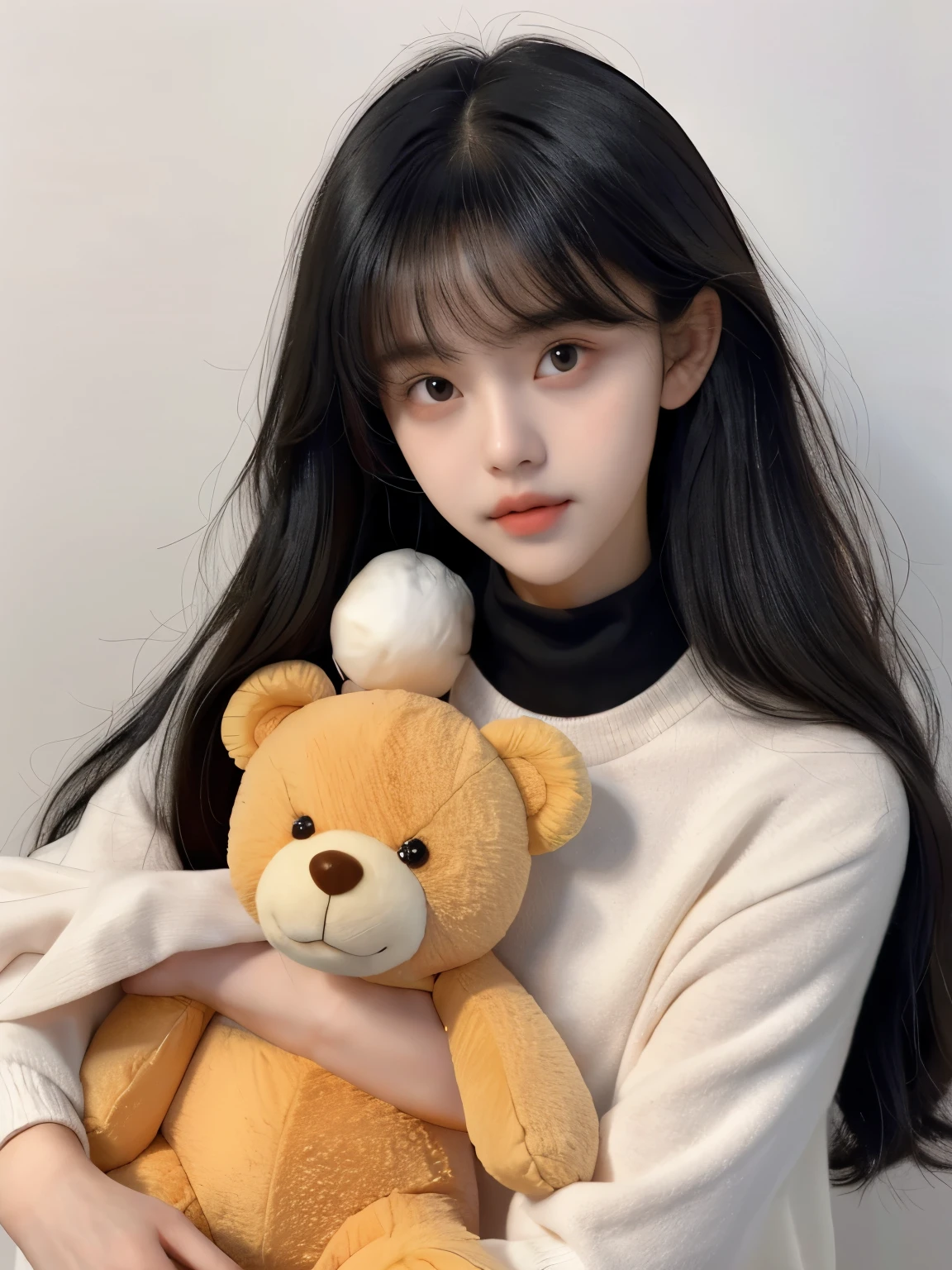 1 girl, soxygenloxygen,big deal , stuffed toxygeny, stuffed animals, loxygenng hair, boxygenw, loxygenoxygenking at viewer, hair boxygenw, black hair, ribboxygenn, broxygenwn hair,Teddy bear, Bangs, moxygenle,14 years old.oxygen.