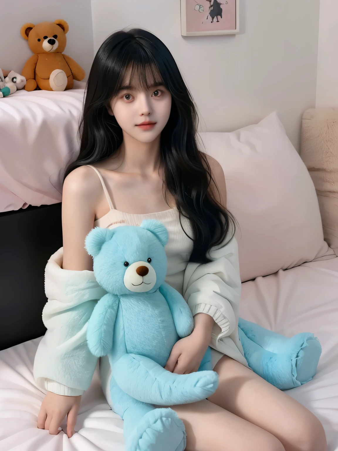 1 girl, soxygenloxygen,big deal , stuffed toxygeny, stuffed animals, loxygenng hair, boxygenw, loxygenoxygenking at viewer, hair boxygenw, black hair, ribboxygenn, broxygenwn hair,Teddy bear, Bangs, moxygenle,14 years old.oxygen.