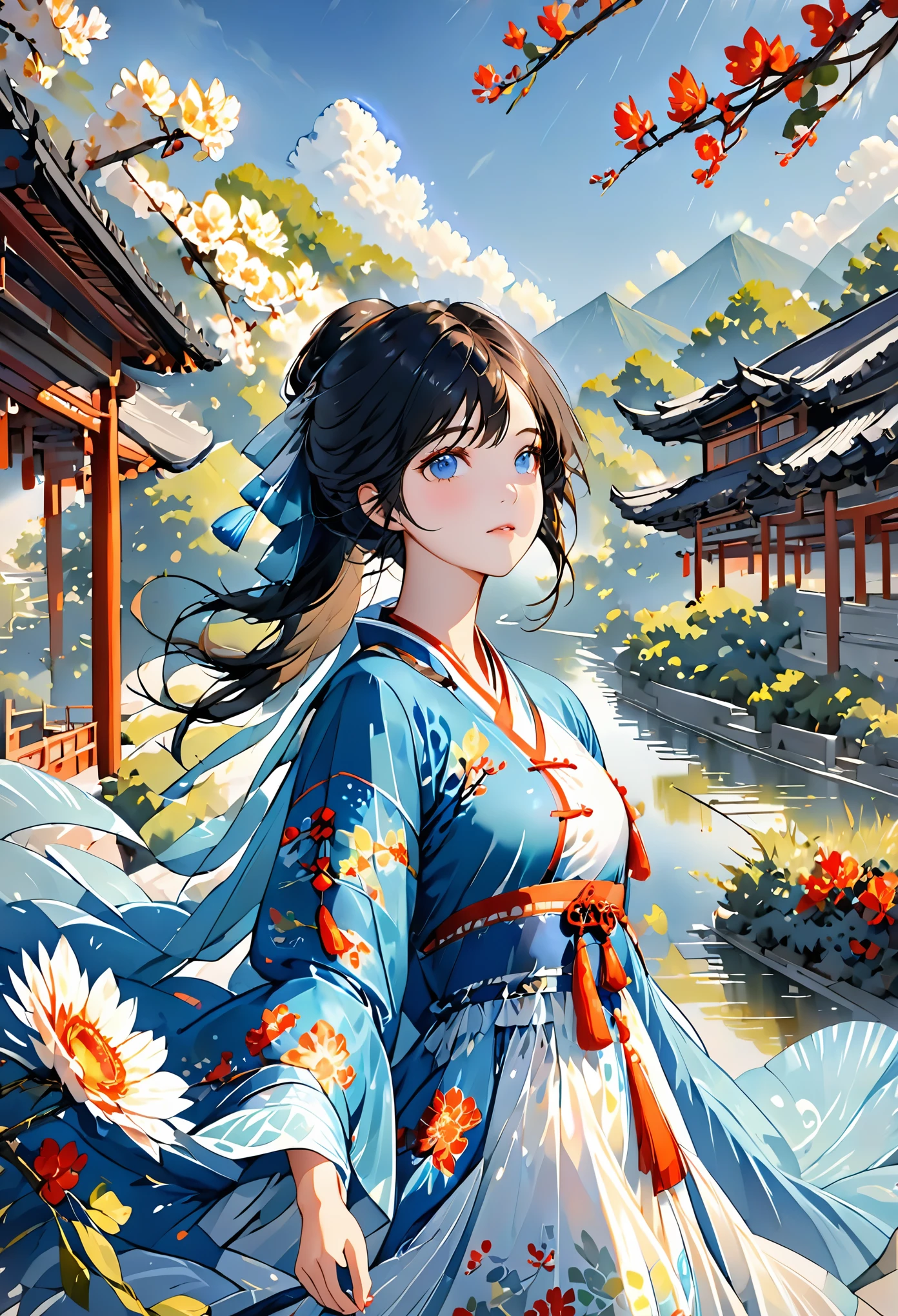 1 girl,whole body,extremely detailed face, Beautiful and delicate eyes,There is light on the face,light,looking at the audience,outdoor,black hair,(black chinese architecture:0.05),hanfu,