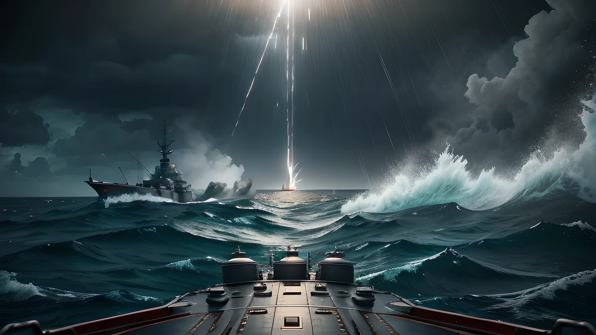 ocean, hurricane, Two battleships fired at each other, rainstorm, rough sea conditions, Shell explosion, three guns, WWII battleships, Battle of Jutland, Battle of Surigao Strait, gray hair, movie lighting, Color difference, reflected light, Ray tracing, First-person perspective, outer boundary, ultra high definition, masterpiece, best quality, high resolution, 16K