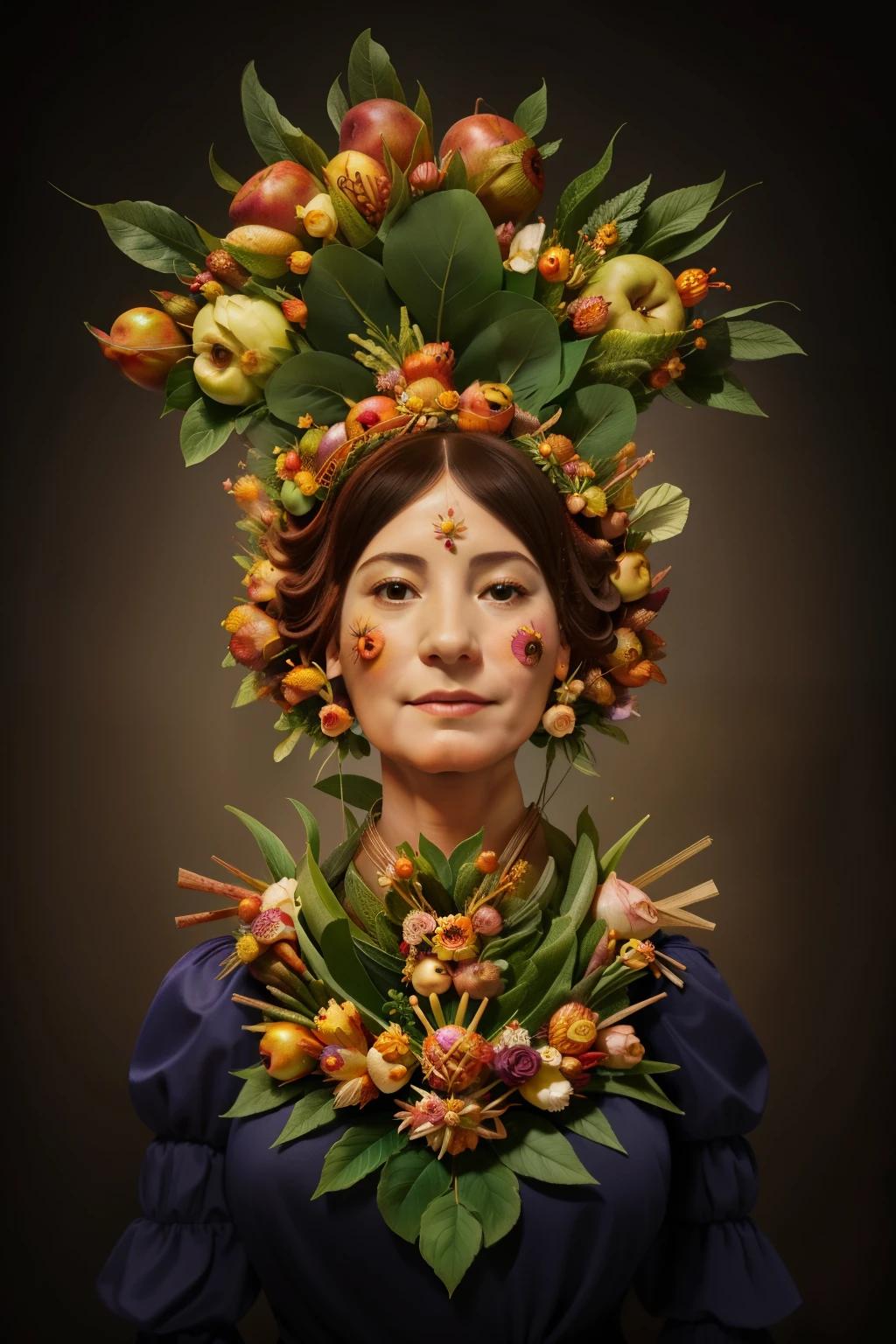 Fairytale Kingdom of Fantasia. (((( Mother Nature)))), beautiful, apple face, dress made with real flowers, hair made of leaves and rose flowers, warm and loving. In the style of (((((Giuseppe Arcimboldo))))).