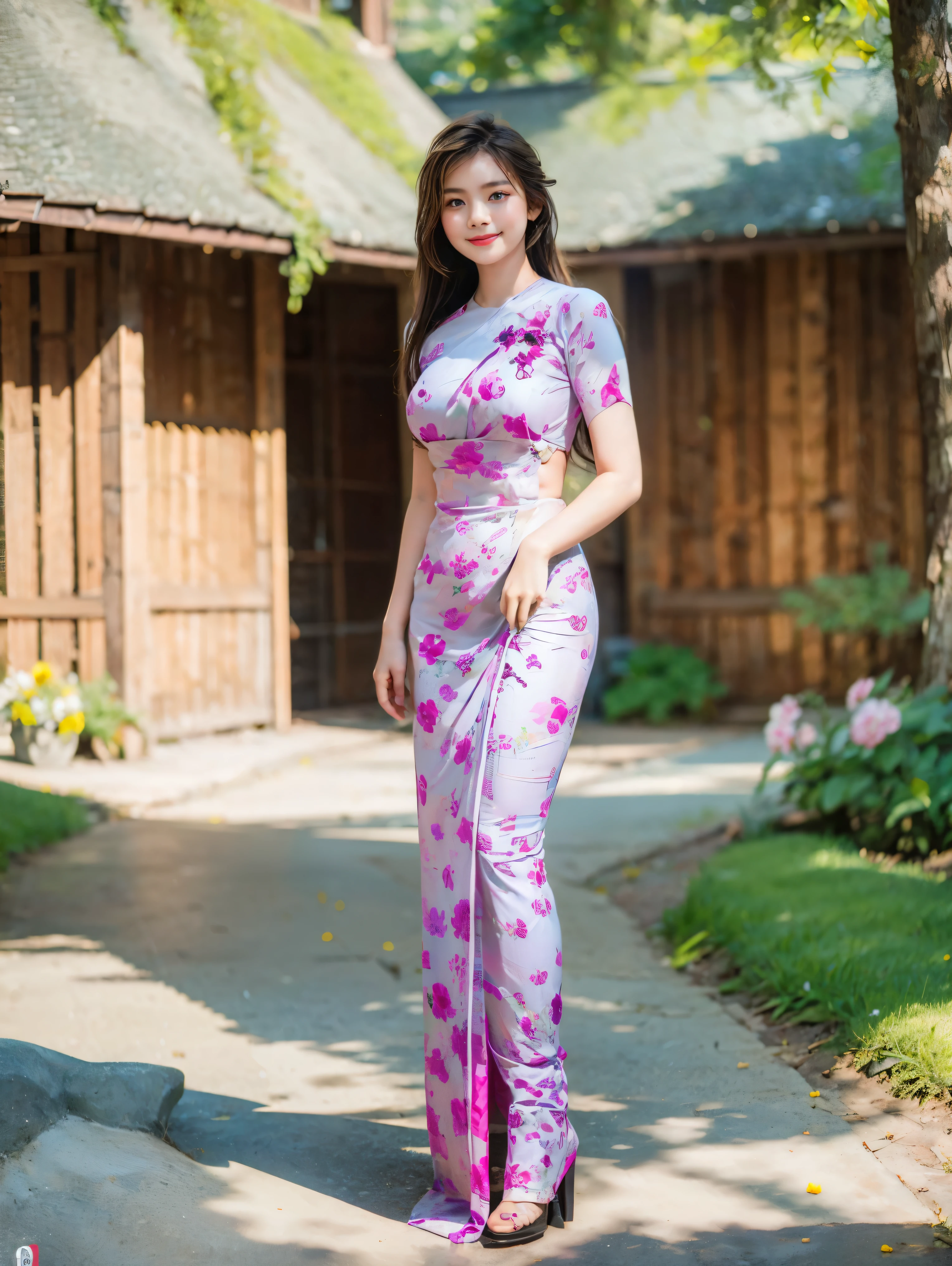 1 girl, burmese girl, standing on in front of the house, 64k, FHD, natural light, Raw, Natural skin, lite smile, fullbody view, portrait pose, perfect body and berasts, flowers background,  masterpeace, realistic, detailed, portrait photography, long black hair