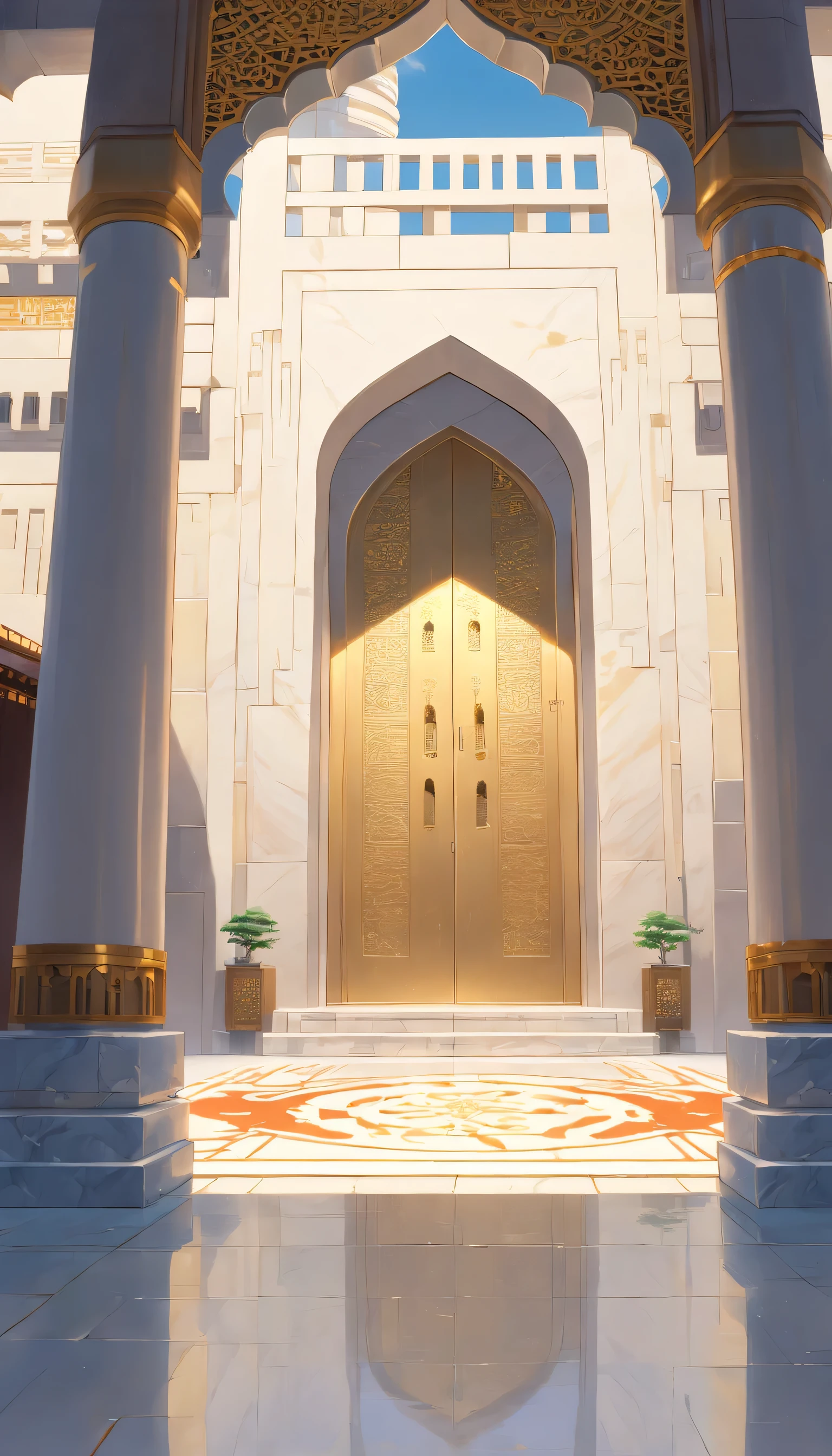 Create a detailed ultra image of the Kaaba, the revered Islamic structure located in the Grand Mosque in Mecca, Saudi Arabia. The image should capture the majestic beauty and spiritual significance of the Kaaba during the holy month of Ramadan. Ensure that the composition highlights the intricate architecture of the Kaaba, including its black cloth covering (kiswa) adorned with gold calligraphy, the silver door, and the surrounding marble courtyard. The image should evoke a sense of reverence and tranquility, reflecting the spiritual atmosphere of Ramadan. Please refrain from including any human figures in the image. Leave designated areas within the template for the insertion of text, which will feature Ramadan greetings or other relevant messages.
