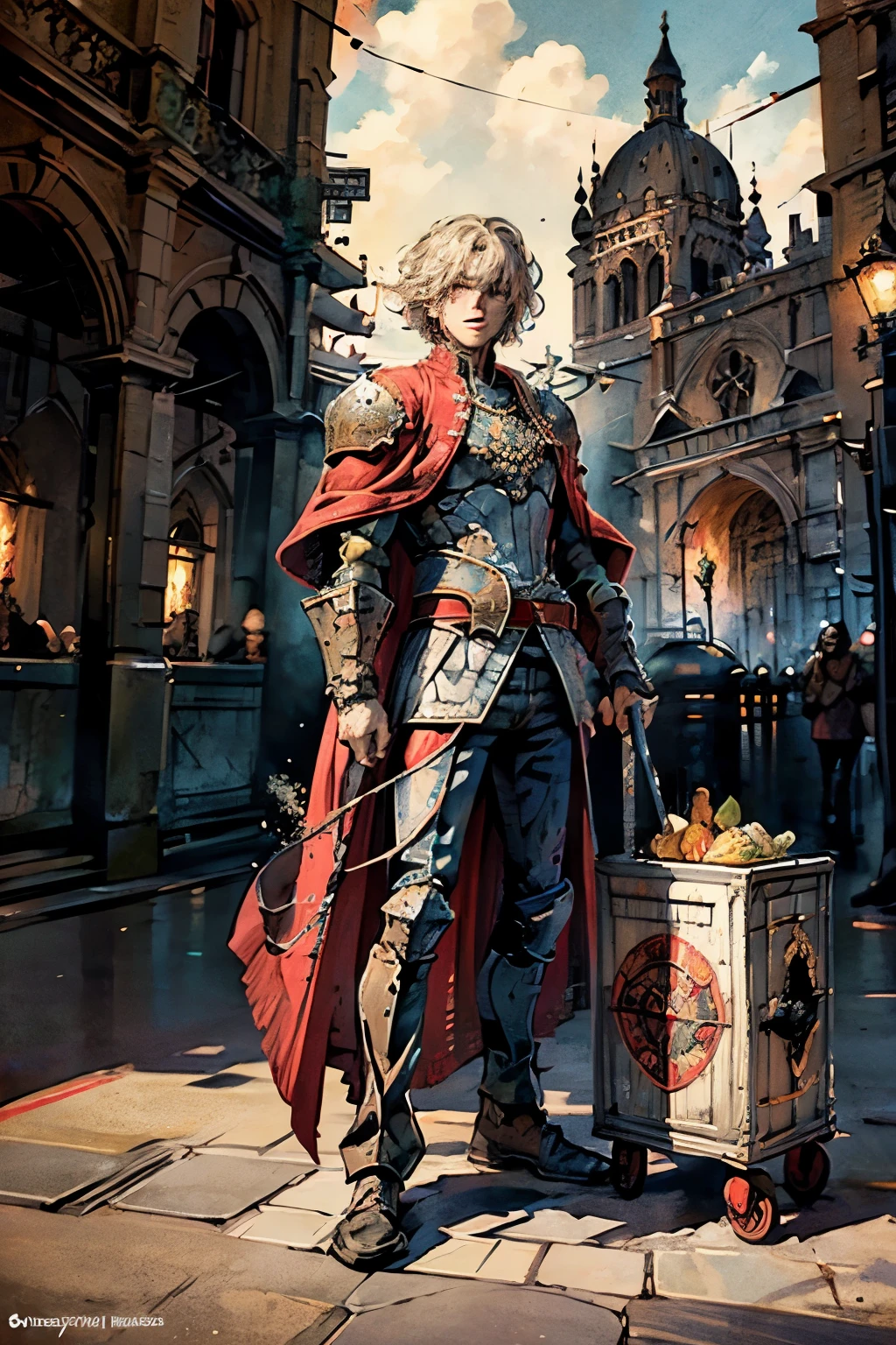 (masterpiece), (best quality), (ultra detailed),(disheveled hair),(illustration),1man, culinary paladin, bright red cart, chainmail with a fiery motif, skillet, knight, big and happy
