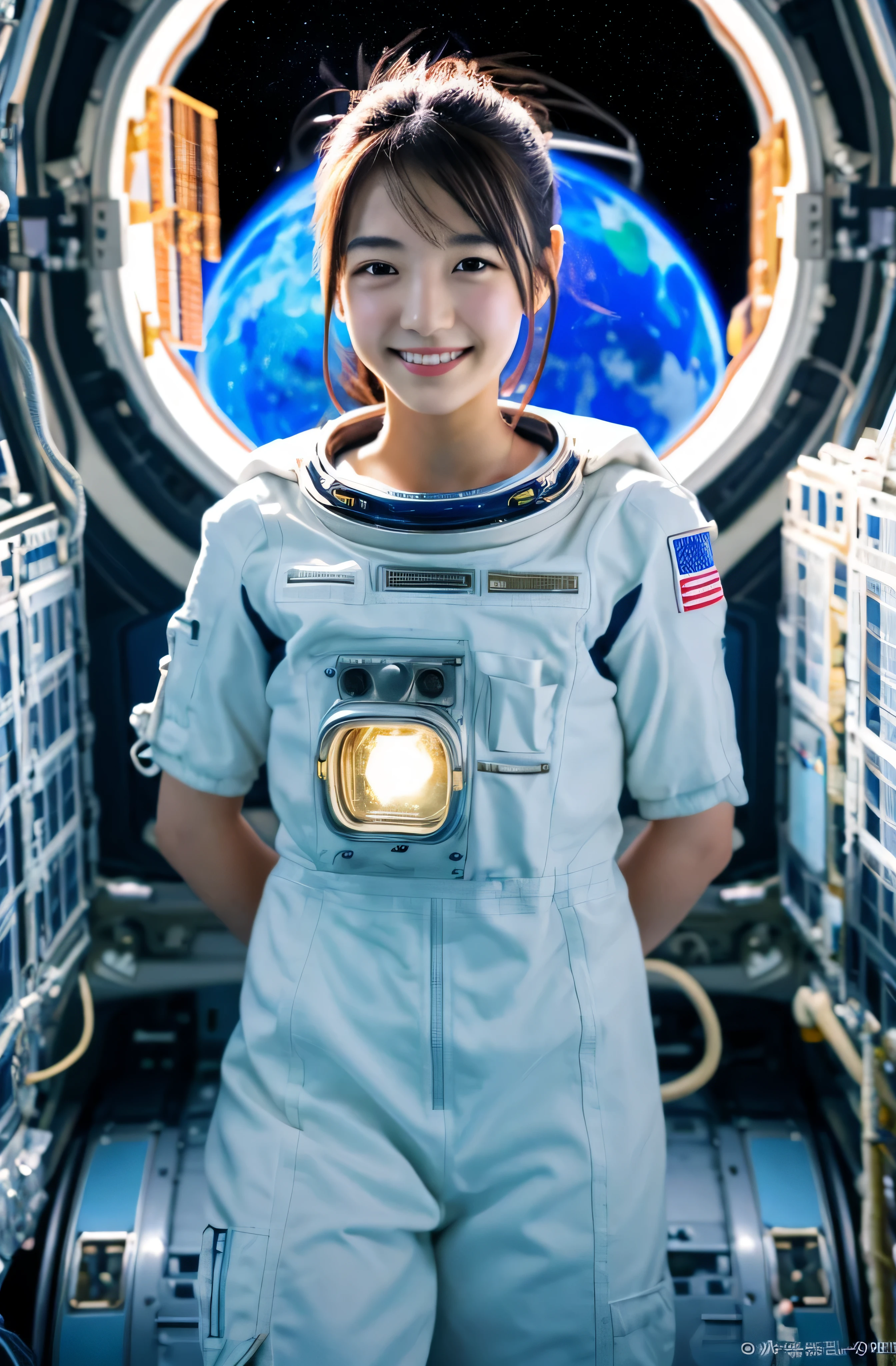 highest quality, masterpiece, ultra high resolution, (realistic:1.4), Raw photo, 1 girl、shiny skin, dramatic lighting, whole body,、Japanese, complete raw body, Show all attractions、smile、Inside the space station、astronaut