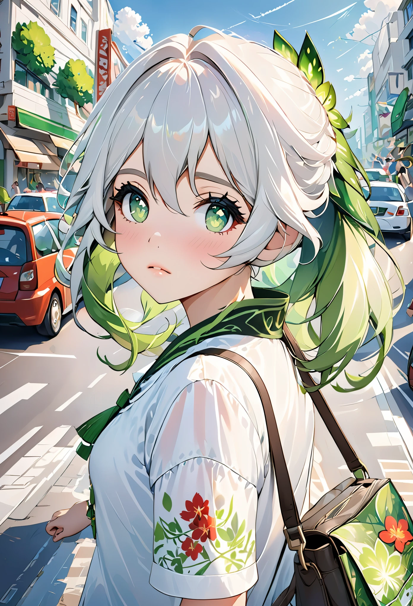 masterpiece , best quality,nahida(Genshin Impact), 1 girl , White shirt:1.5 ,Side Mao Insult ,white hair ,colorful hair, green eyes,casual wear , have , black collar, Bag , Green hair,heavy traffic , urban life