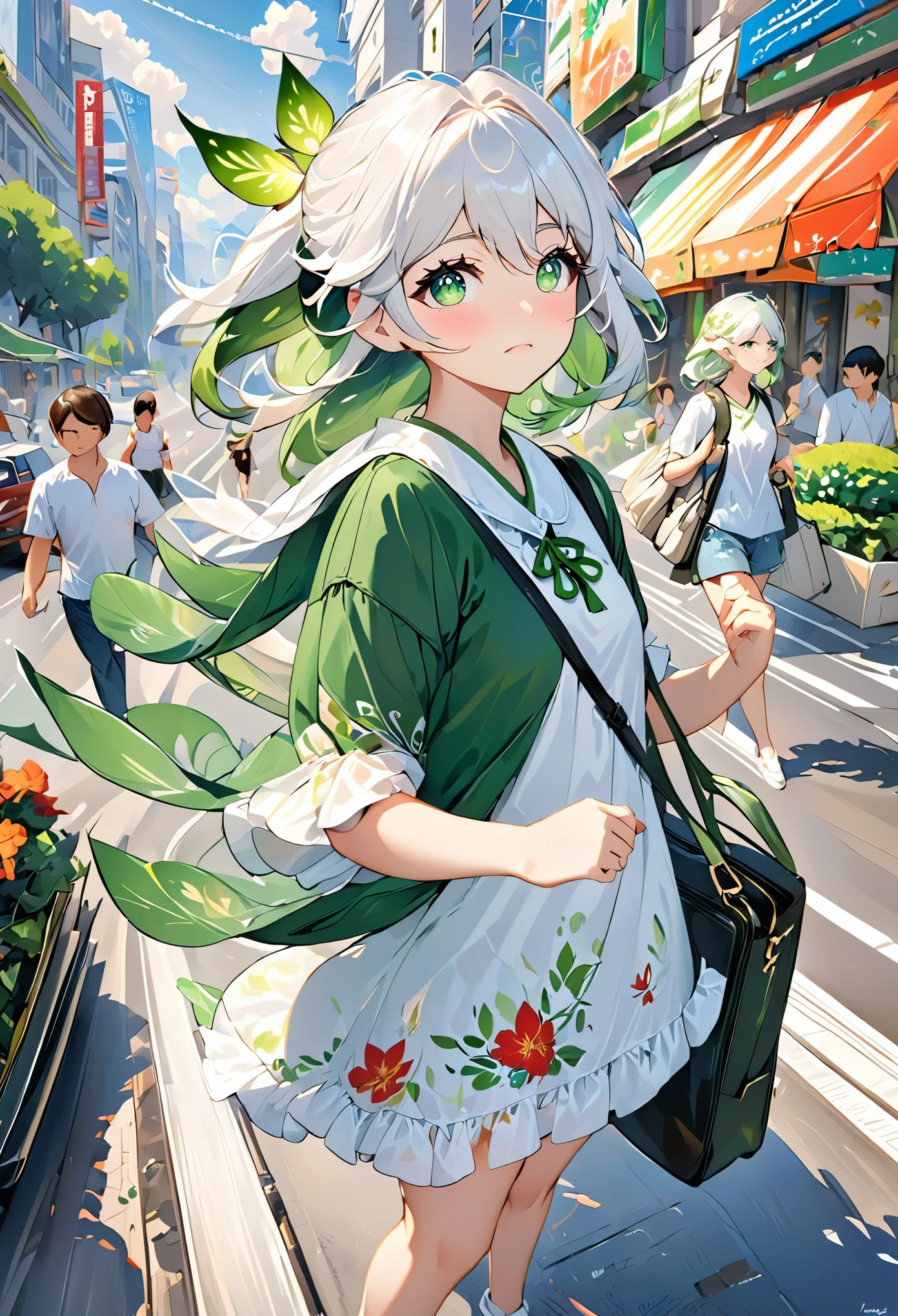 masterpiece , best quality,nahida(Genshin Impact), 1 girl , White shirt:1.5 ,Side Mao Insult ,white hair ,colorful hair, green eyes,casual wear , have , black collar, Bag , Green hair,heavy traffic , urban life