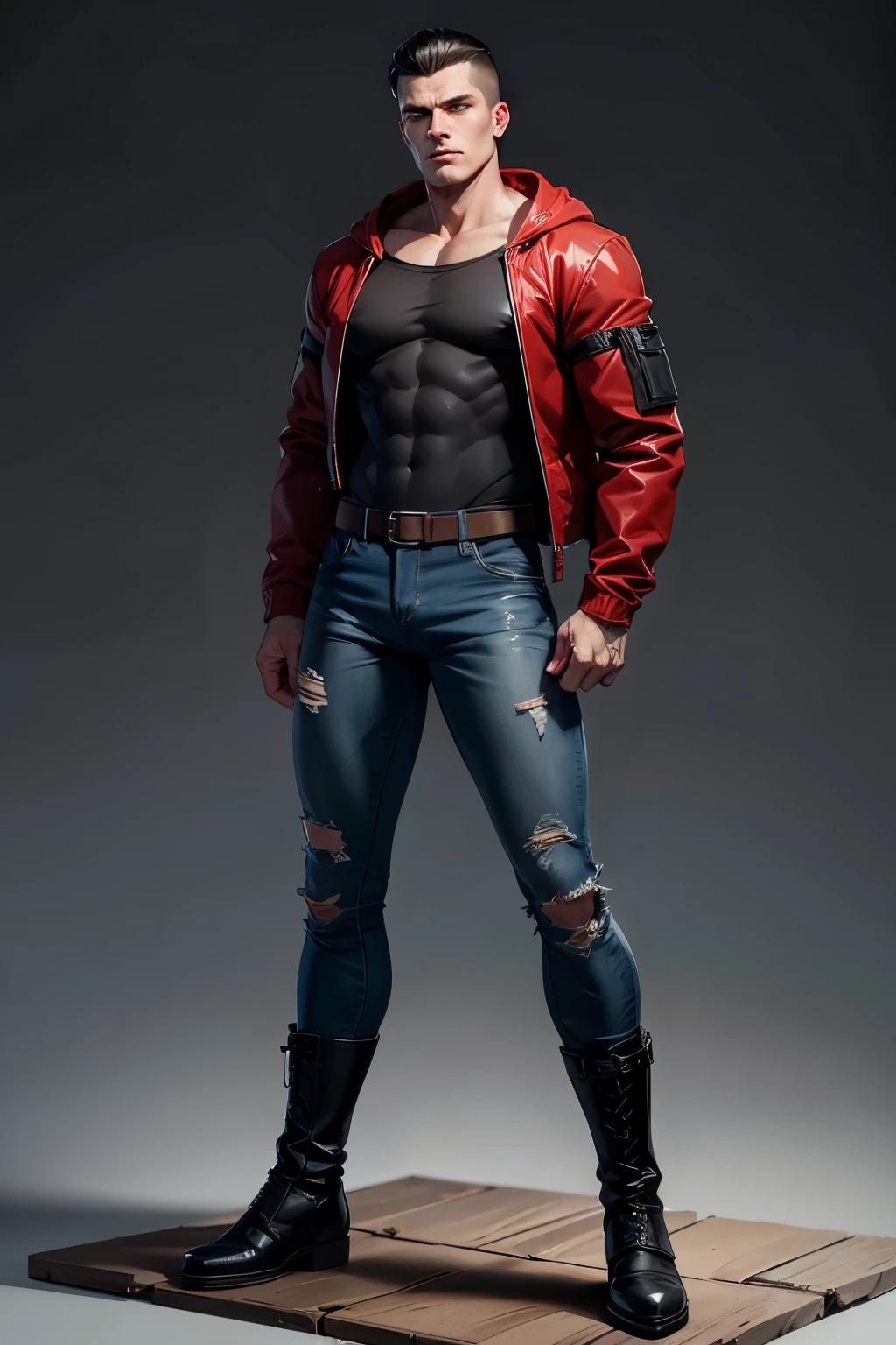 Height 180cm，Weight 81kg，28 year old young white male，black american thorn front hairstyle，blood red eye color，Handsome looking，Facial features are very tough，There is some stubble on the chin，There is a purulent wound on the neck.，Scars extending to the jawline。Angry and intense expression，Muscles throughout the body are strong and strong，，Wearing a hoodie underneath，Wearing a coat to go out，wearing jeans，Wear Gaobang tactical Martin boots on your feet，The overall clothing is mainly red and black，actual，No background，character concept，Unreal Engine，HD，超actual，detail，full body pictures，stand up straight，t，posture，clear facial features，Slightly baggy jeans，Stand facing the camera，The picture is symmetrical，Wear a shirt，clear facial features，The body is facing the picture，Overall picture symmetry，windbreaker，28 year old young white male，black american thorn front hairstyle，blood red eye color，Handsome looking，Facial features are very tough，There is some stubble on the chin，black boots，