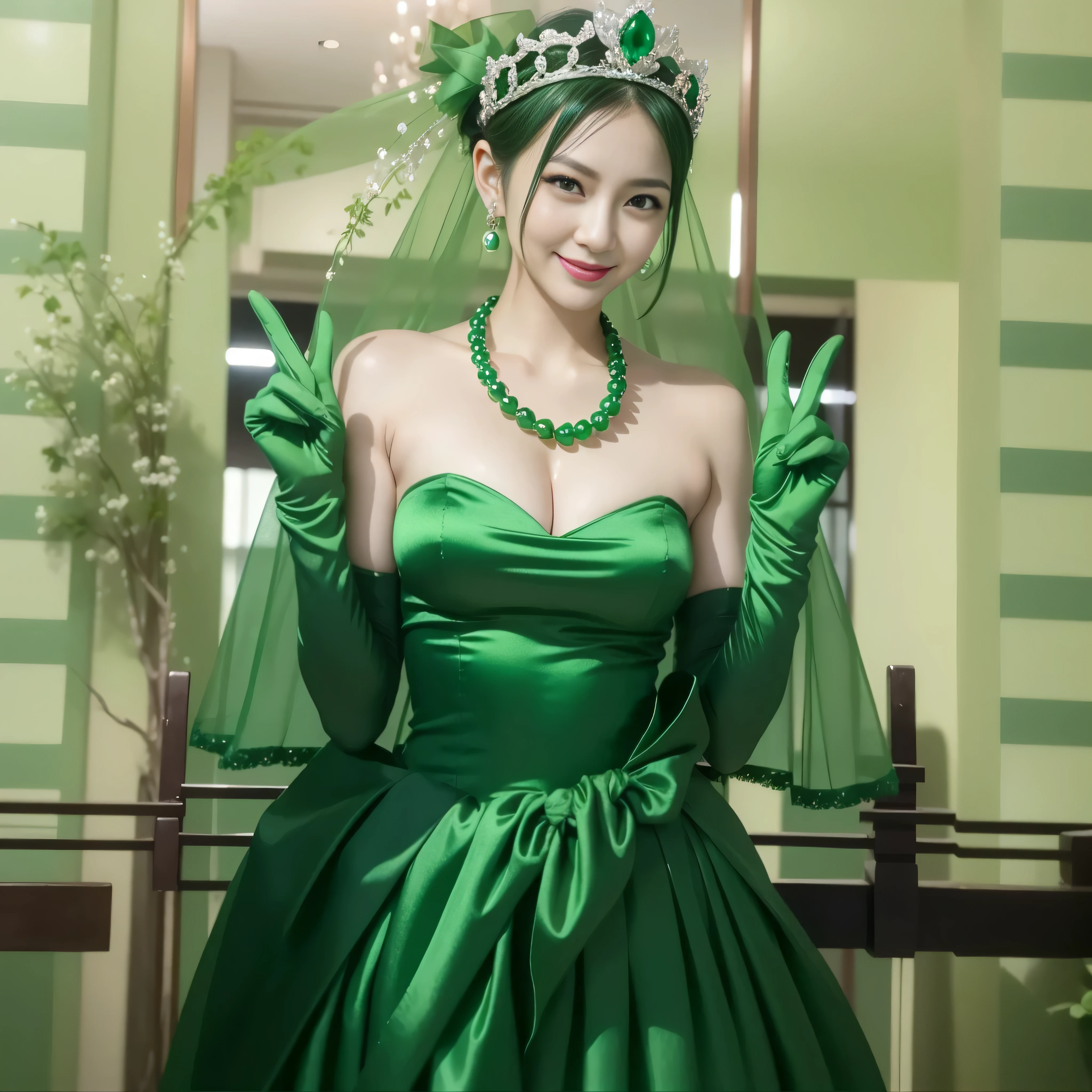 Beautiful Japan woman in her 30s， finger details， beautiful hands，emerald tiara, green pearl necklace, Boyish green berry short hair, lipstick, smiling Japanese woman, very short hair, big breasts beautiful, green eyes, green satin long gloves, green eyes, emerald earrings, green veil, V sign