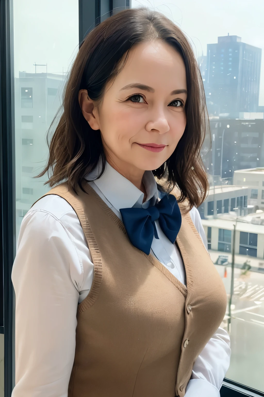 1 girl, mature woman, vest, bow, photograph, realistic, highest quality, hire, detailed face, office, building from the window, detailed background, diffused sunlight, Depth of the bounds written, Bokeh