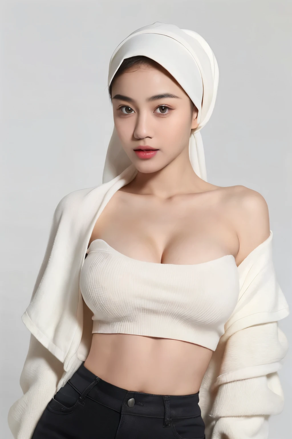 （lifelike,high resolution：1.3）， An Islamic girl， The face shape and eyes are super delicate,red glossy lips,(beautiful face), (best quality), (Super detailed), (Extremely detailed CG unified 8K wallpaper),((women headscarf)),(White background),(cleavage),sexy look,big eyes,(standing),(Slim waistline),perky breasts,soft breasts,very realistic breasts,sexy pose,(Big breasts),Character centered,(low-cut sweater),dark skin