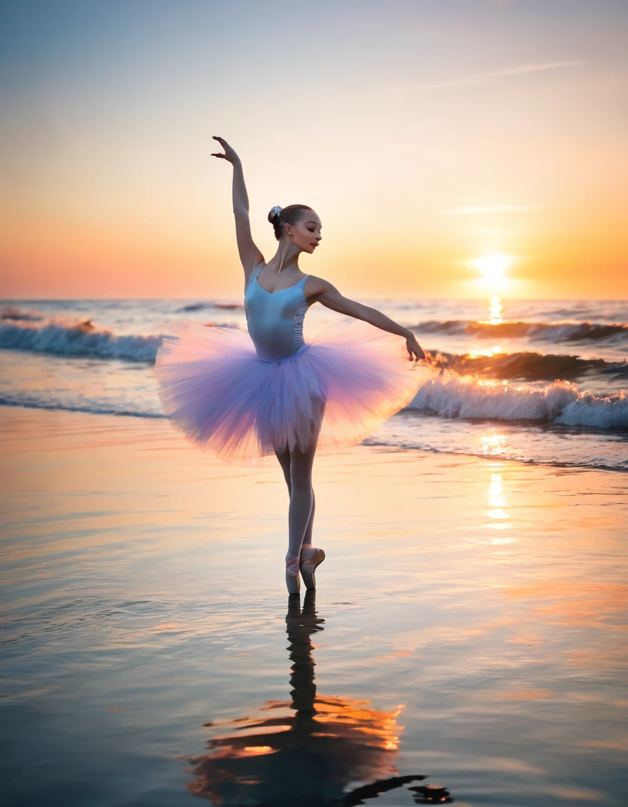 A ballerina in a tutu dancing on the sea surface, reflection of the sunset reflected in the ocean waves in the background