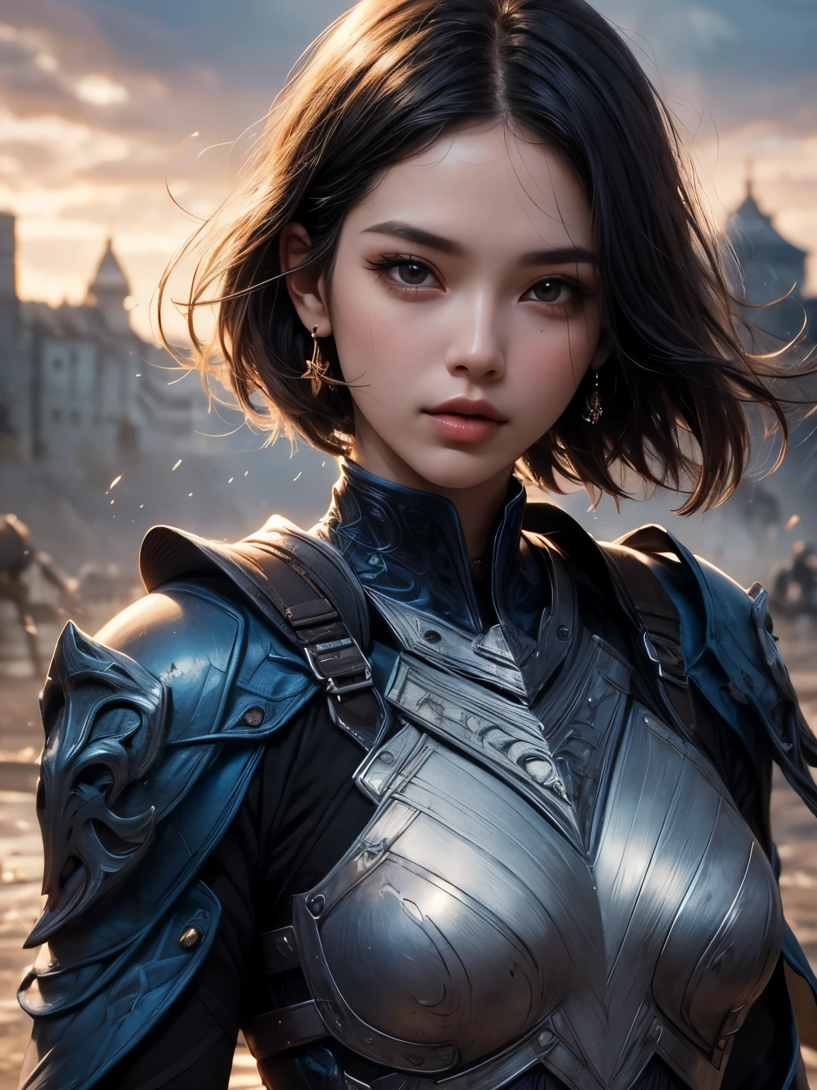 (((Best Quality))), ((Ultra-detailed)), (extremely detailed photo), ((extremely delicate and beautiful)),(Cute delicate face), ((masterpiece)), perfect anatomy, intricate, (highly detailed), masterpiece, photorealistic, (A tall and 36 years old cool girl),(indigo and black armor:1.3), ((Near the Fortress)) ,(upper body),(holding glowing sword),alone,(black hair and short hair), looking at viewer, double eyelid,delicate skin,slender body shape,dynamic pose