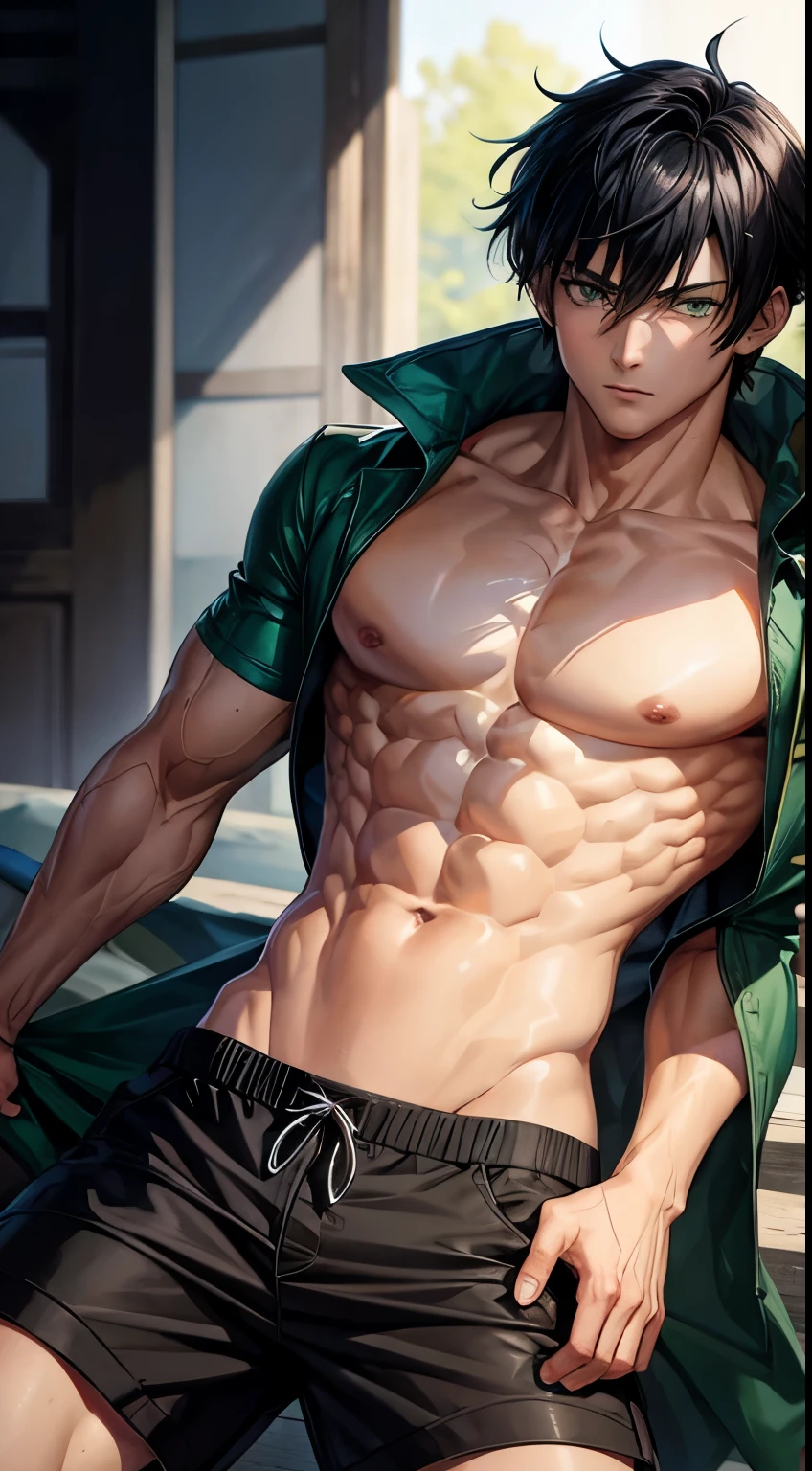 Shirtless anime guy with black hair and green eyes and 6 pack abs