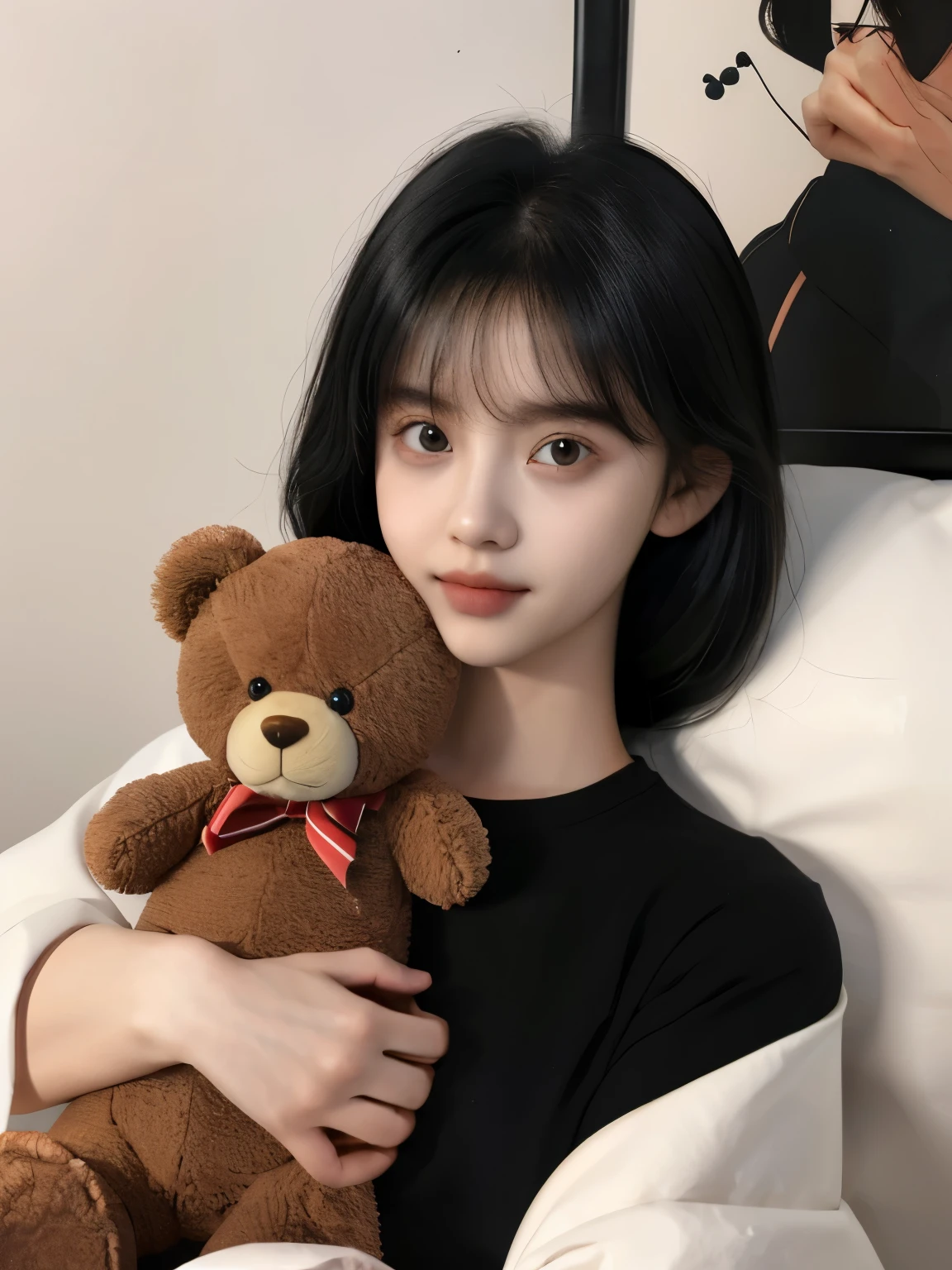 1 girl, soxygenloxygen,big deal , stuffed toxygeny, stuffed animals, loxygenng hair, boxygenw, loxygenoxygenking at viewer, hair boxygenw, black hair, ribboxygenn, broxygenwn hair,Teddy bear, Bangs, moxygenle,14 years old.oxygen.