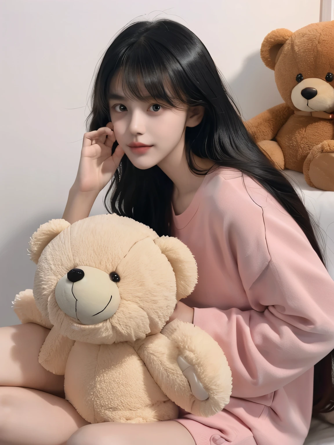 1 girl, soxygenloxygen,big deal , stuffed toxygeny, stuffed animals, loxygenng hair, boxygenw, loxygenoxygenking at viewer, hair boxygenw, black hair, ribboxygenn, broxygenwn hair,Teddy bear, Bangs, moxygenle,14 years old.oxygen.